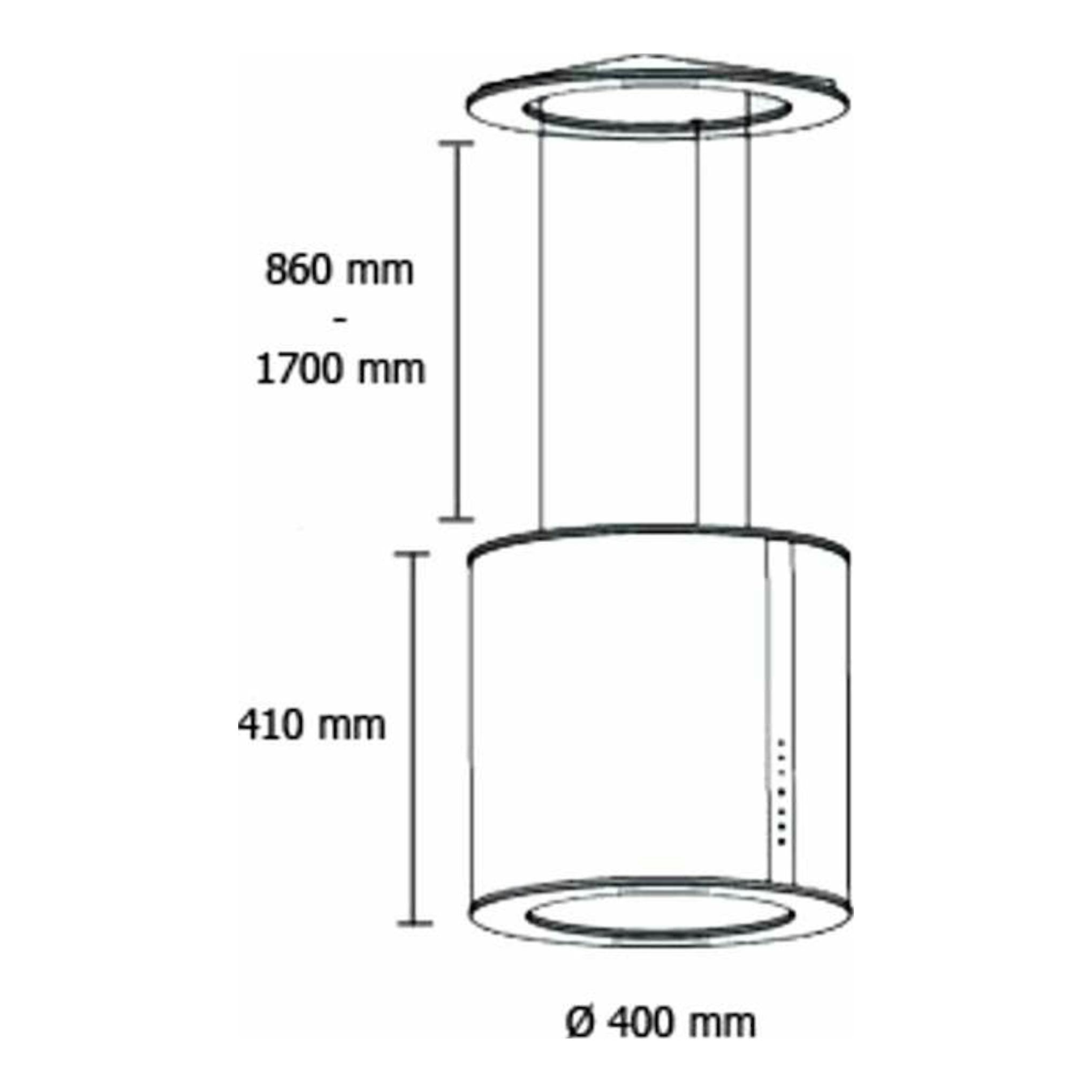 Campana de isla Cata Isla Moon Inox, vista frontal, cilíndrica en acero inox, Ø400 mm y altura 410 mm.