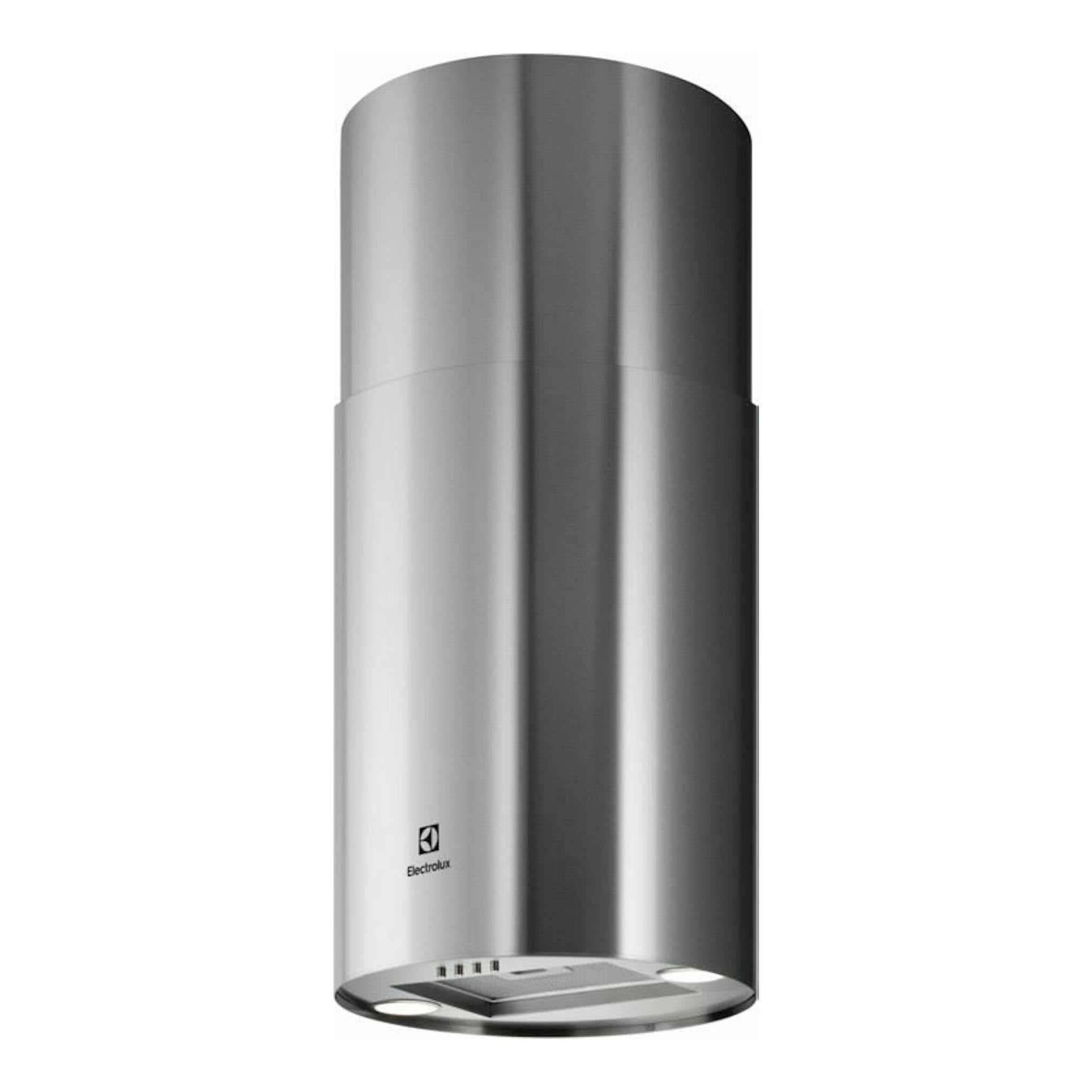 Campana de isla Electrolux LFI514X en acero inoxidable, vista frontal de diseño cilíndrico.