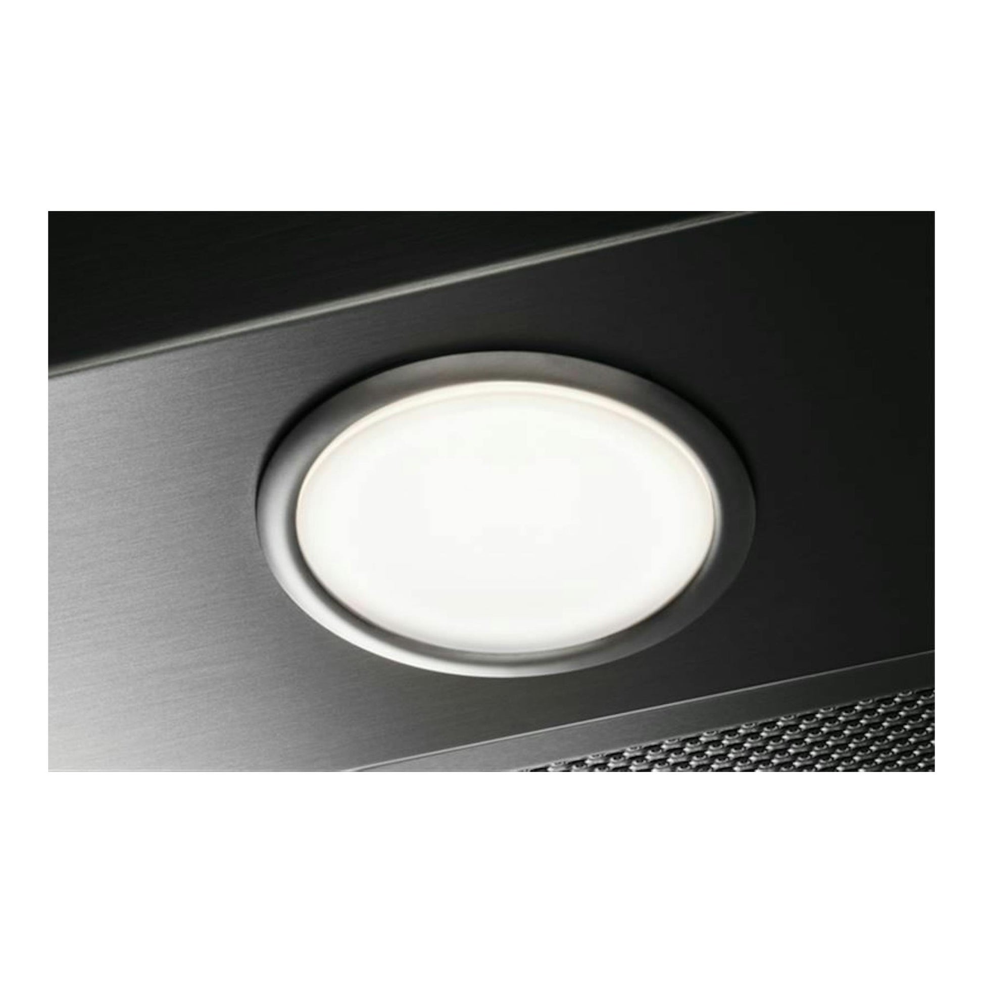 Campana de isla Electrolux LFI514X inox, vista en primer plano con luz circular y filtro metálico.