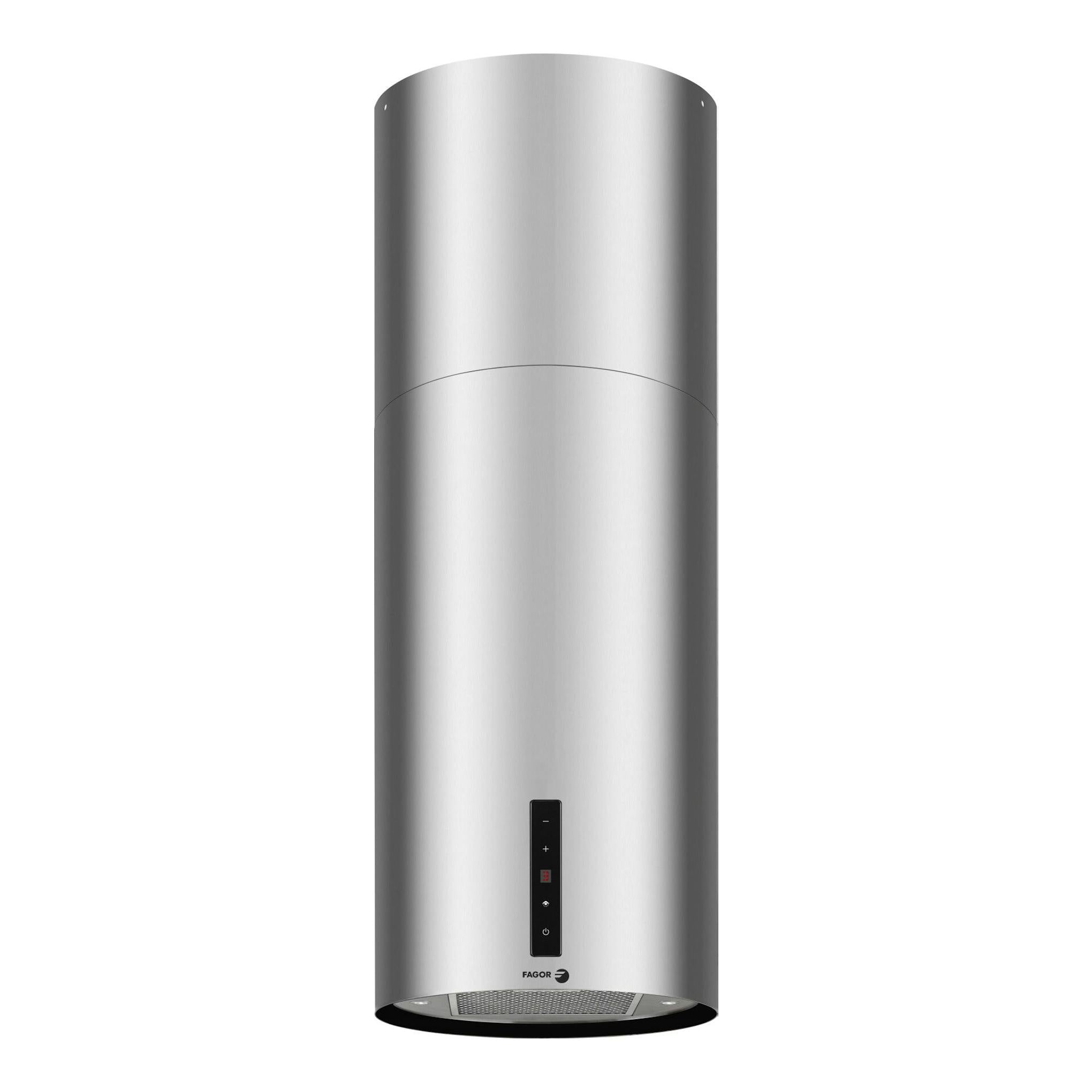 Campana de isla Fagor 3CFC-455IX en inox, vista frontal, forma cilíndrica, con panel de control negro.