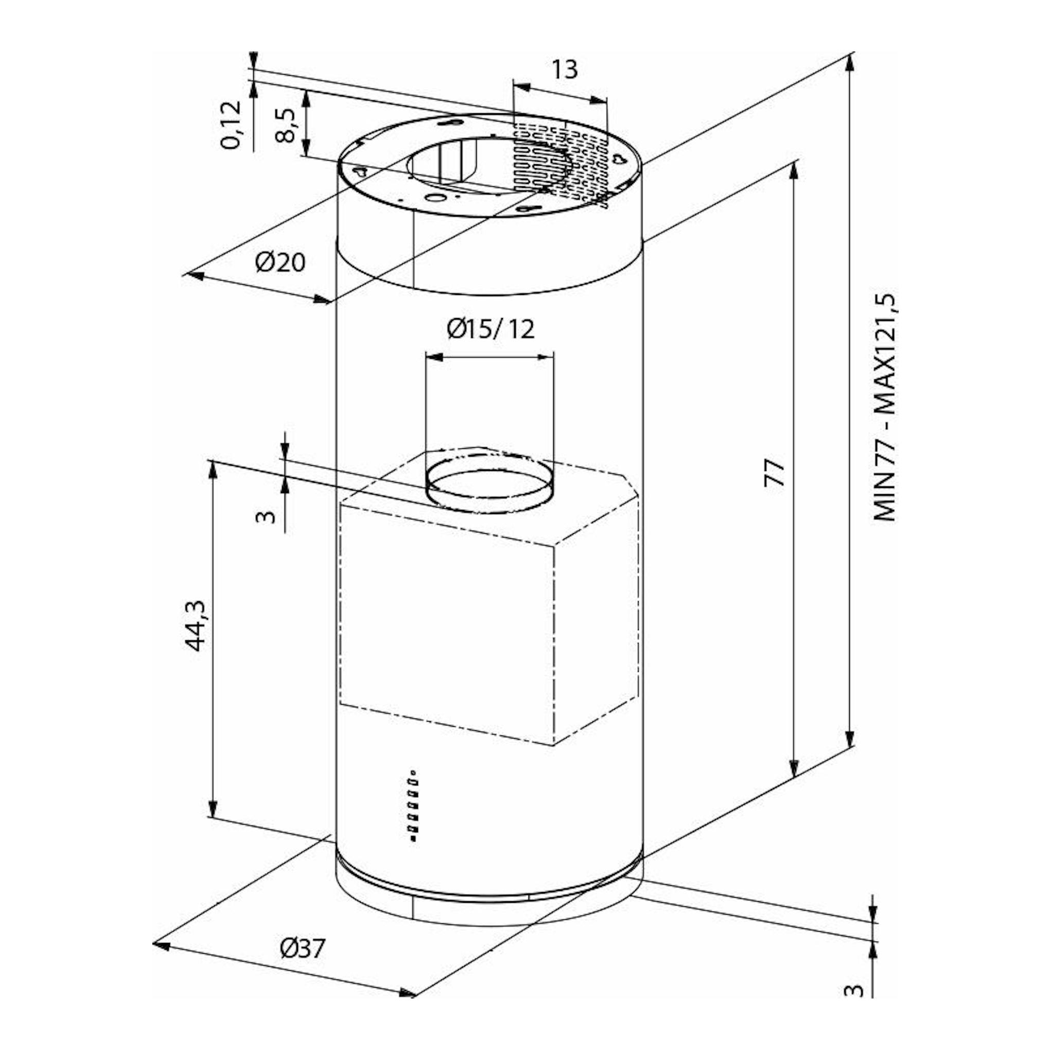 Dibujo técnico en blanco y negro de la campana de isla cilíndrica Mepamsa Cylindra Isla Pro Inox, con cotas.