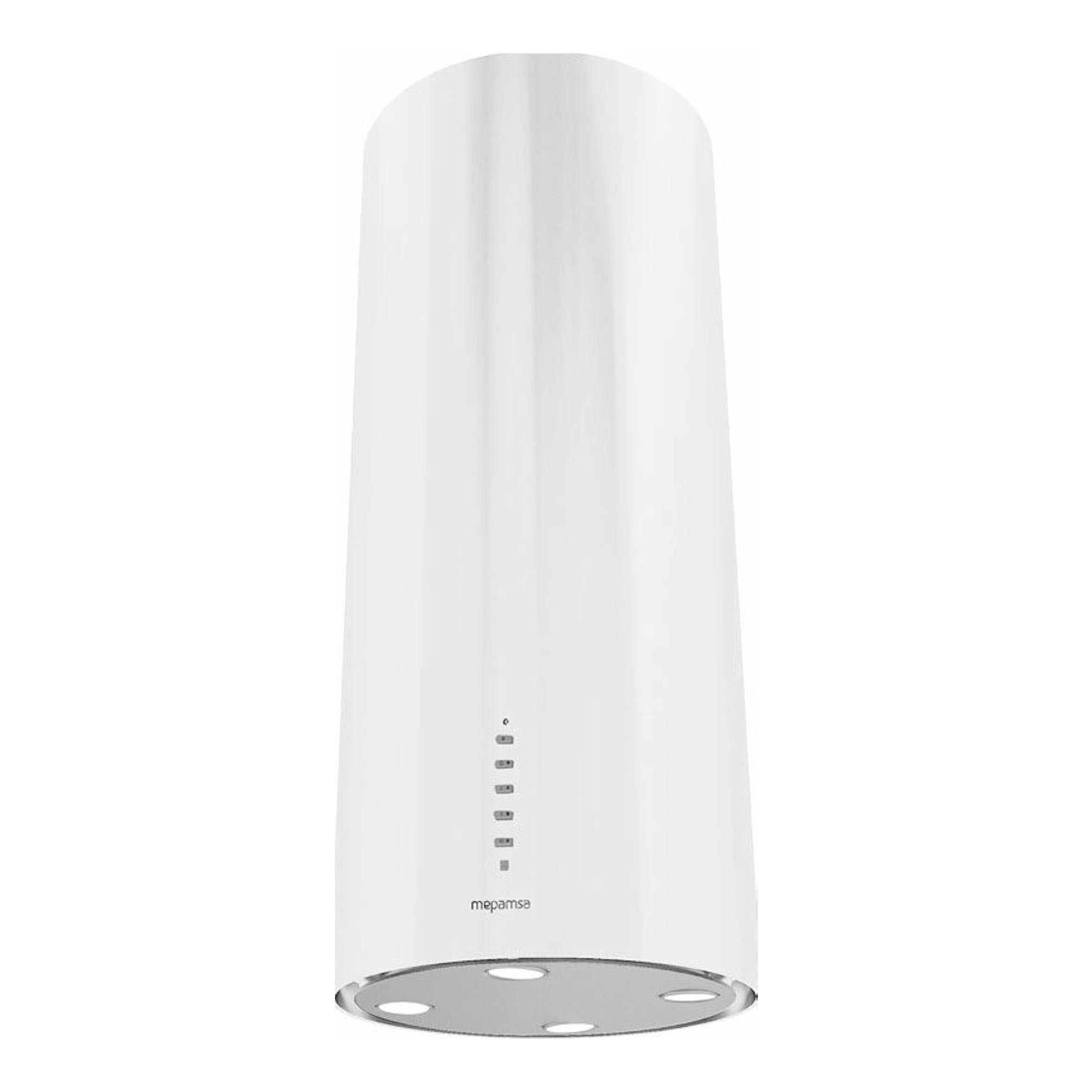 Campana de isla Mepamsa Cylindra Pro blanca, vista frontal, diseño cilíndrico con controles en el frente.