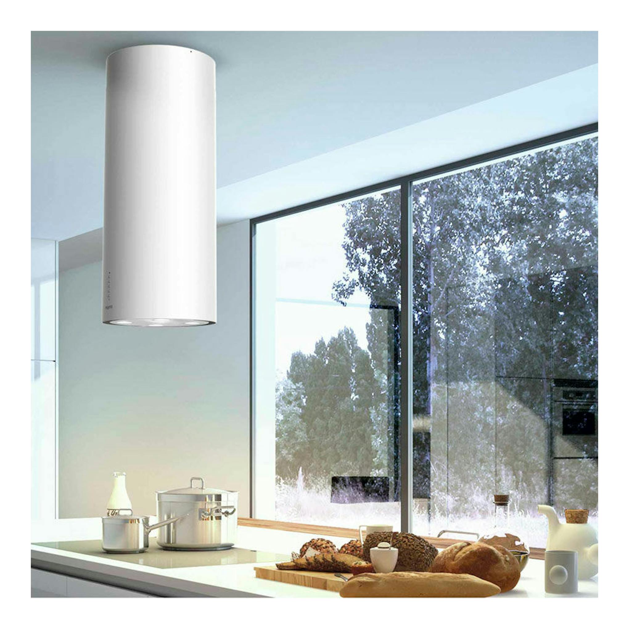 Campana de isla Mepamsa Cylindra Pro blanca, cilíndrica, vista frontal en cocina moderna.
