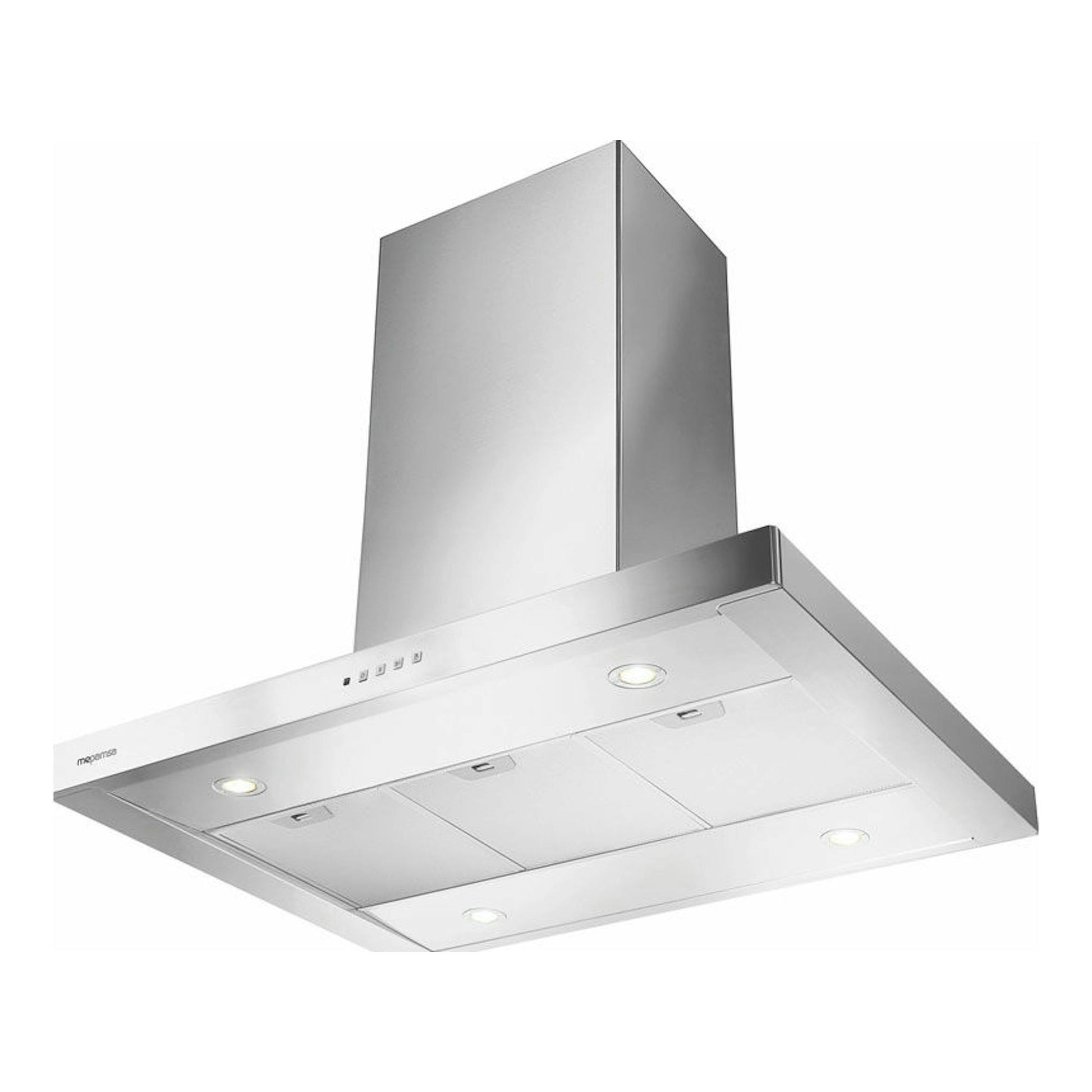 Campana de isla Mepamsa Stilo Isla 90 inox, vista inferior en acero inoxidable con luces integradas.