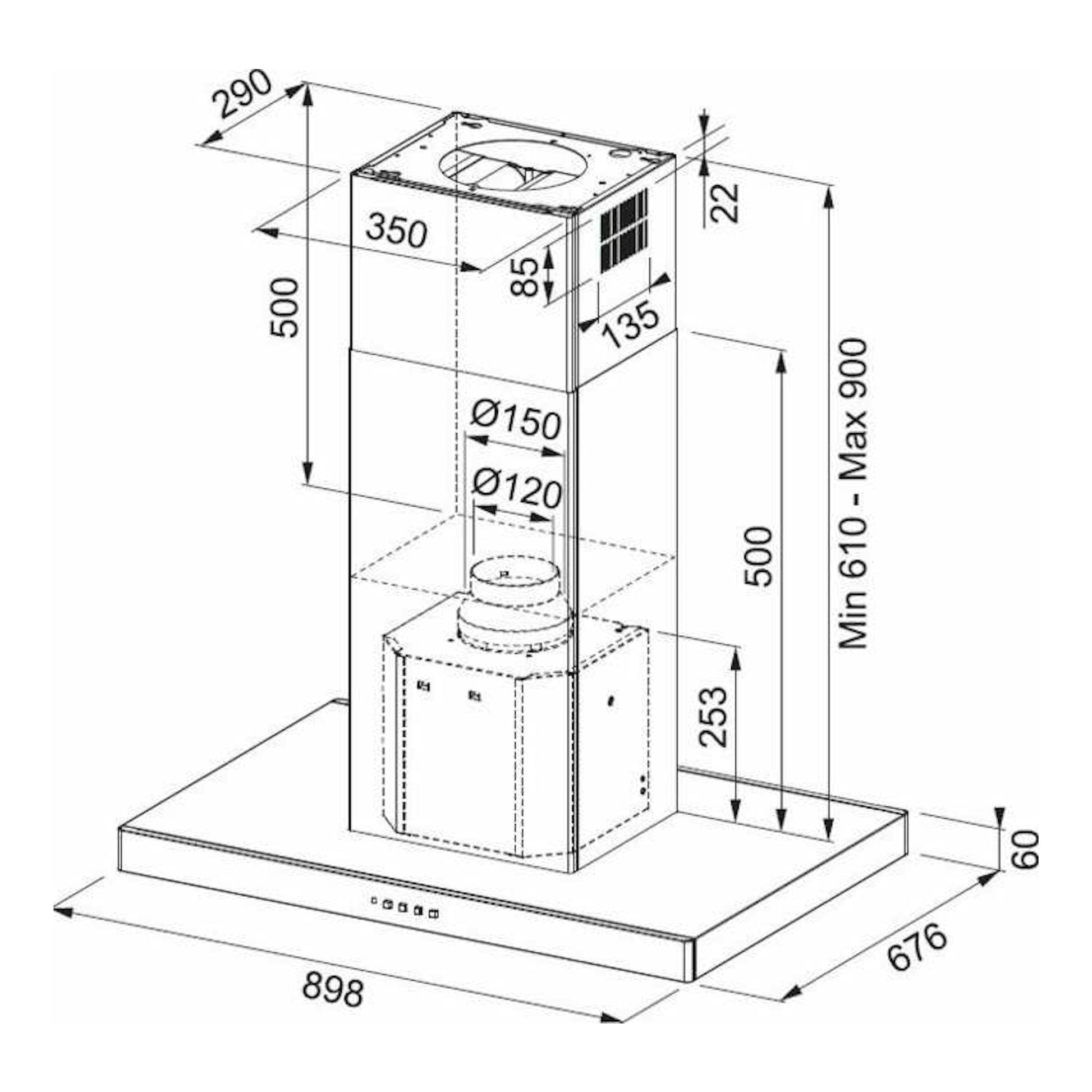 Dibujo técnico de campana de isla Mepamsa Stilo Isla 90 inox, vista isométrica con medidas.