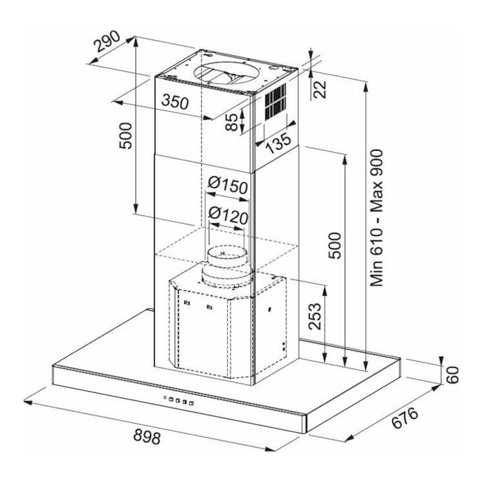 Dibujo técnico de campana de isla Mepamsa Stilo Isla 90 inox, vista isométrica con medidas.