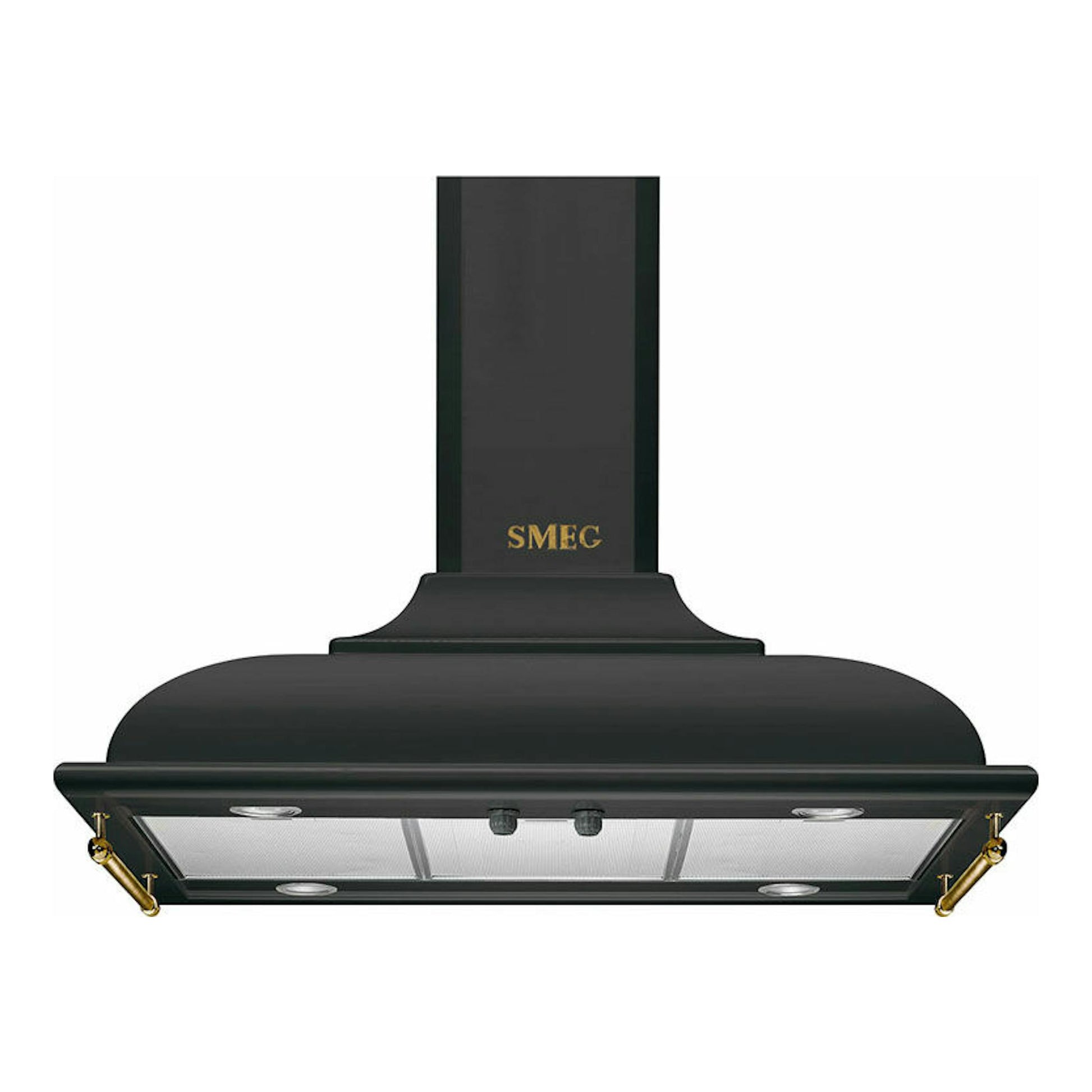 Campana de isla Smeg KCI19AOE antracita, vista frontal, con logo SMEG en dorado.