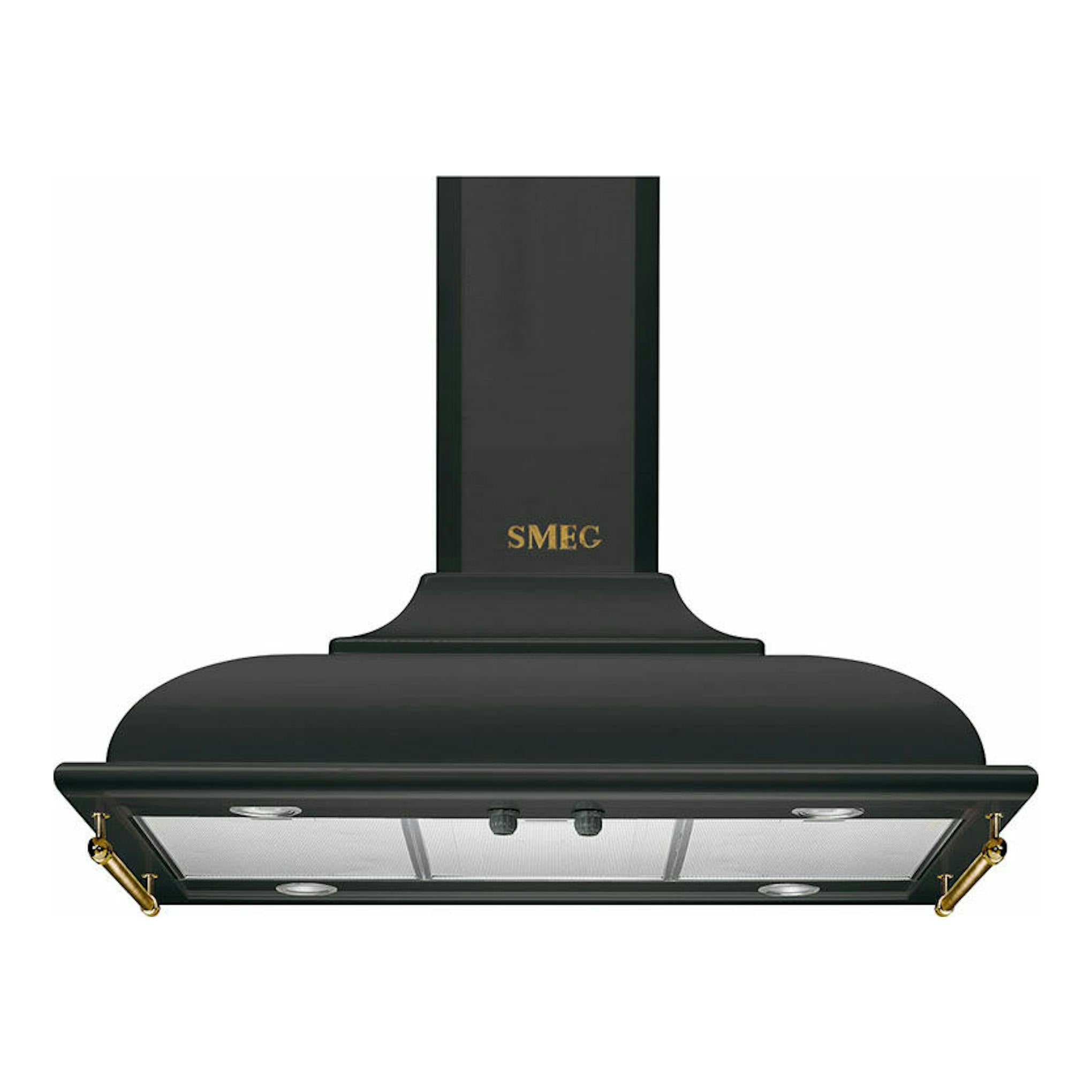 Campana de isla Smeg KCI19AOE antracita, vista frontal, con logo SMEG en dorado.