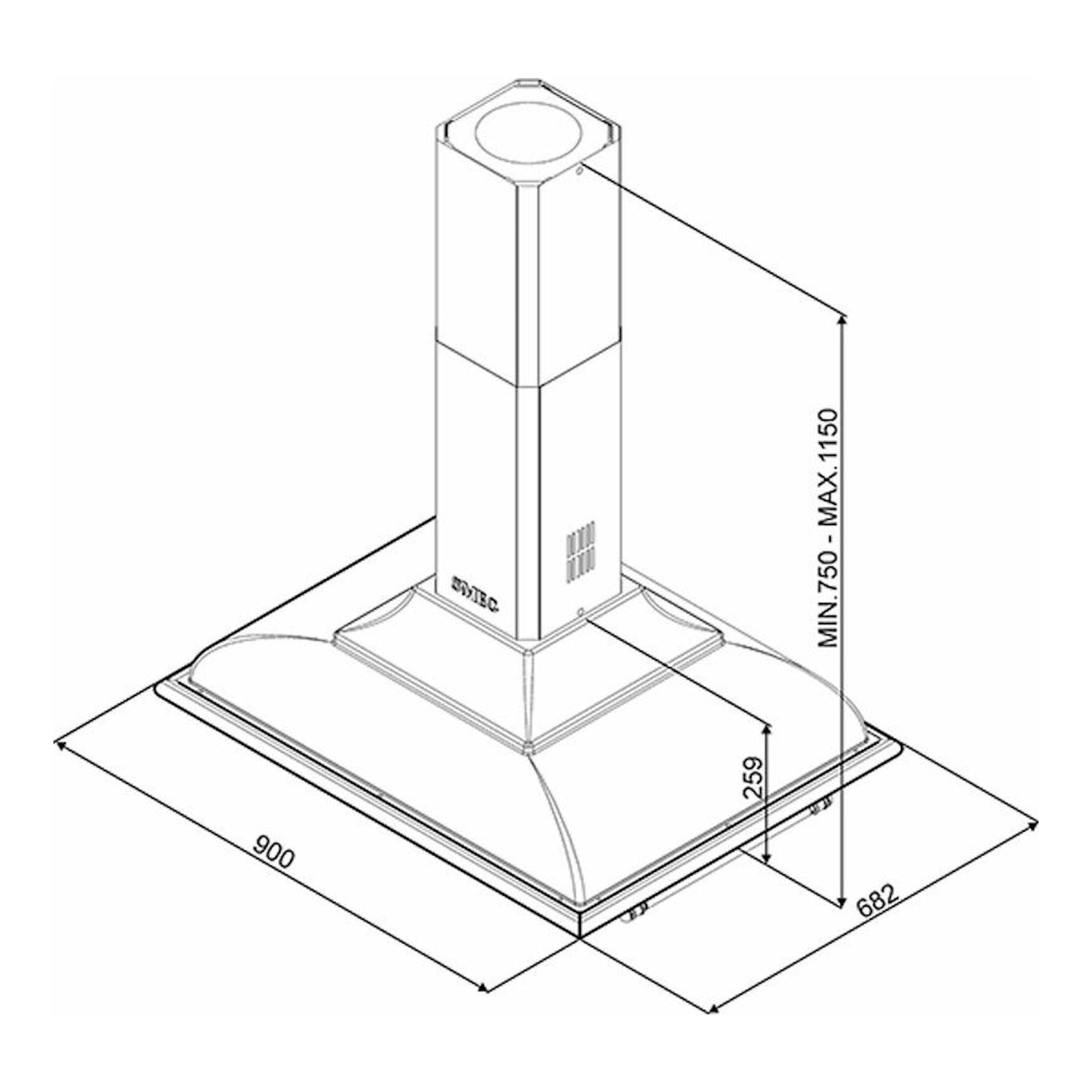 Campana de isla Smeg KCI19AOE en antracita, vista técnica 3/4 con medidas 900 x 682 x 1150 mm.