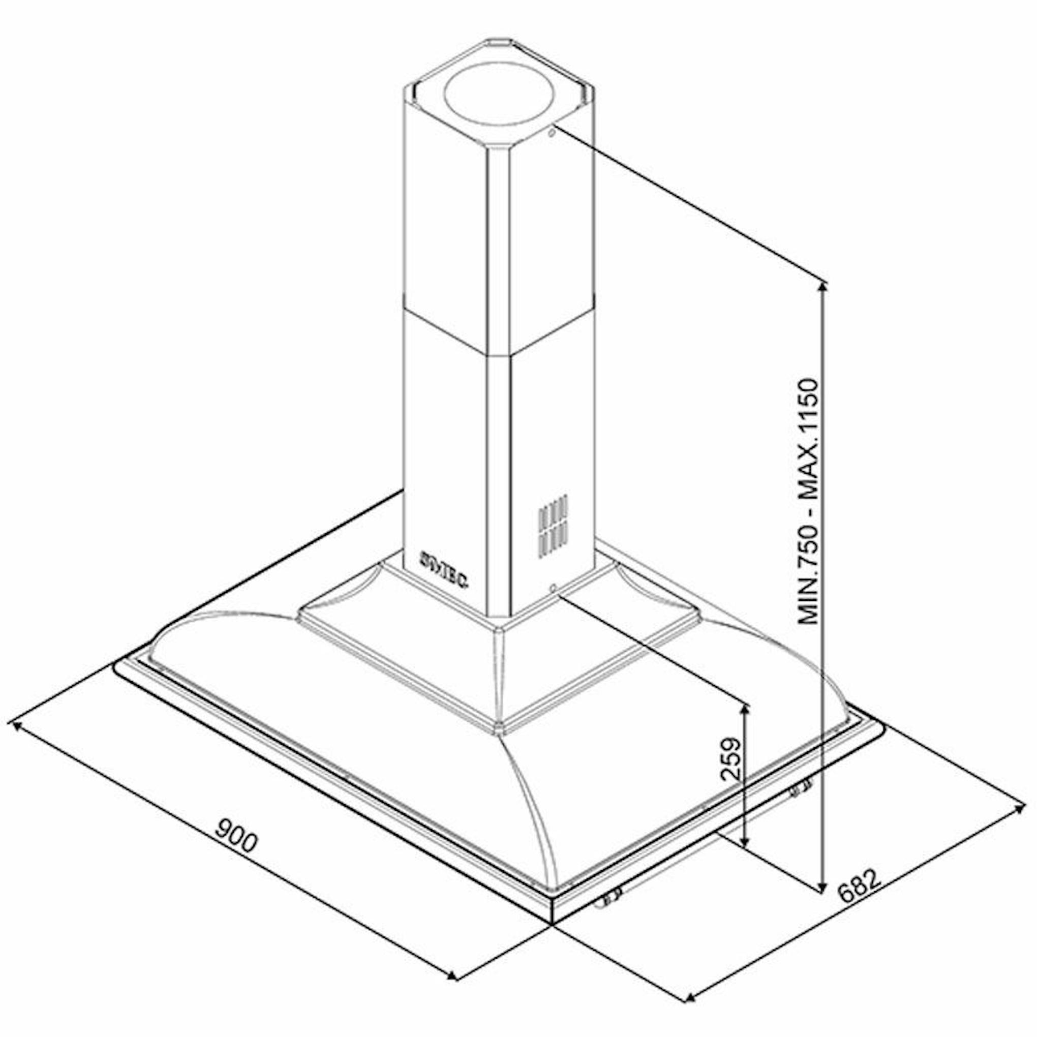 Campana de isla Smeg KCI19AOE en antracita, vista técnica 3/4 con medidas 900 x 682 x 1150 mm.