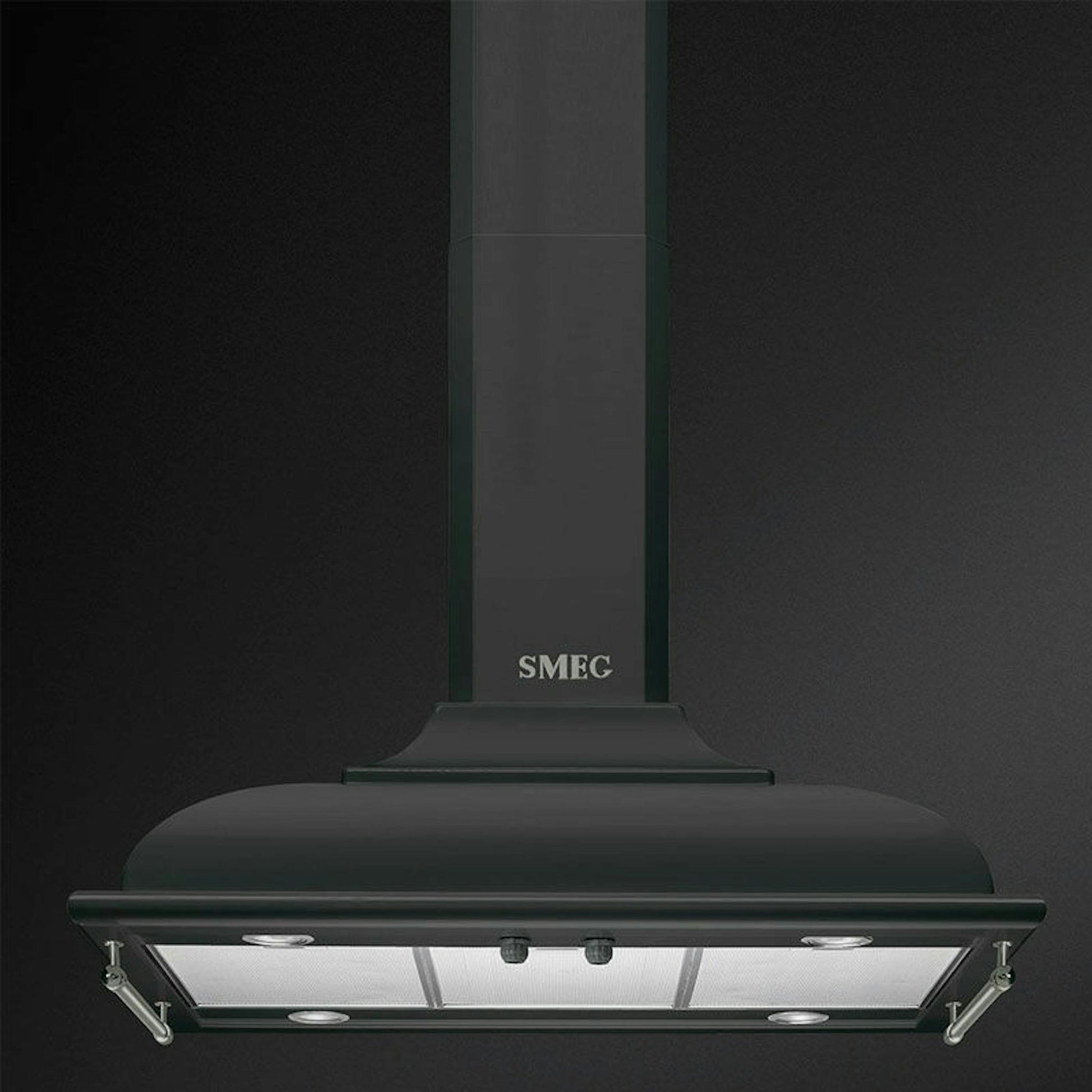 Campana de isla Smeg KCI19AOE antracita, vista frontal, con iluminación inferior y filtro metálico.