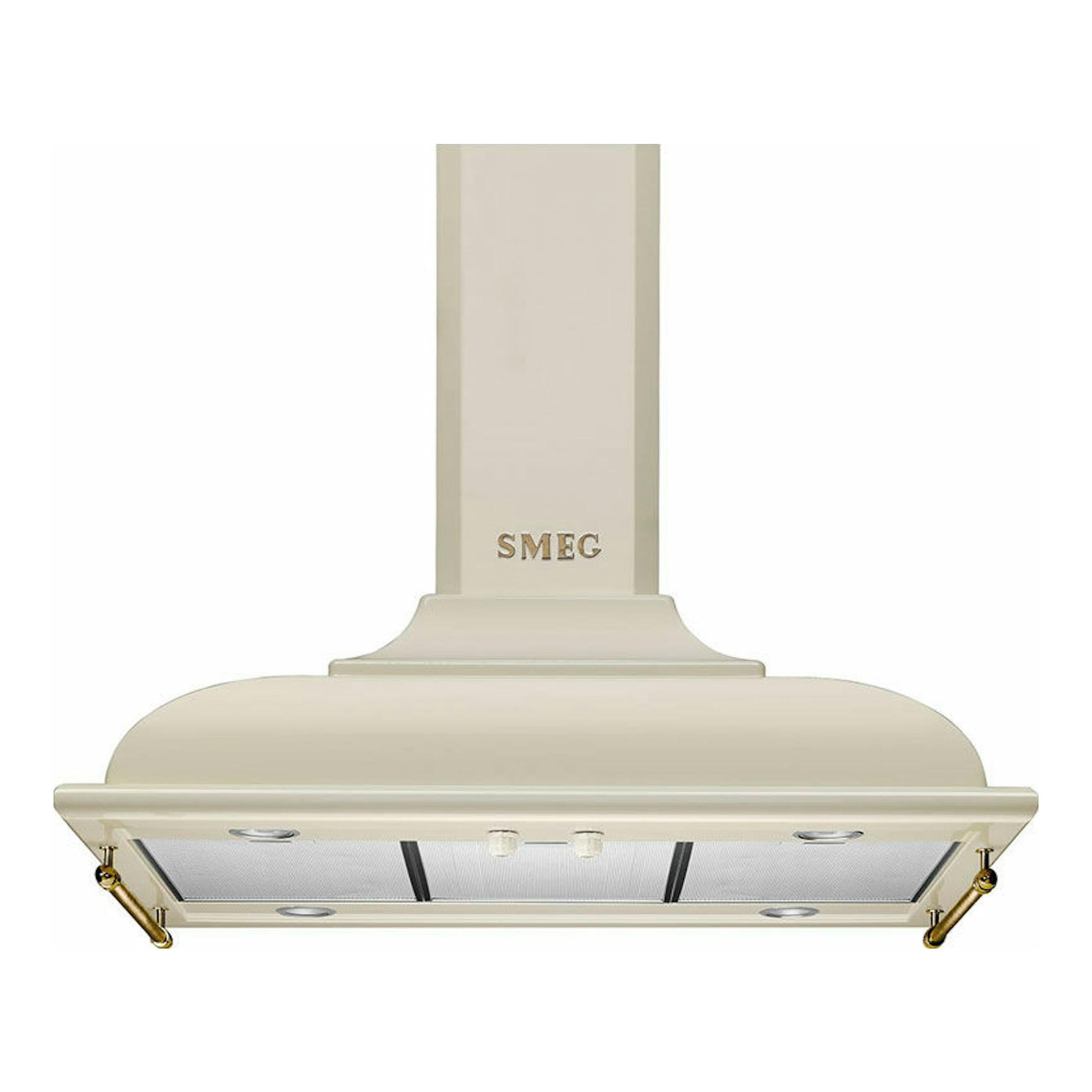 Campana de isla Smeg KCI19POE color crema, vista frontal, con logo SMEG visible.