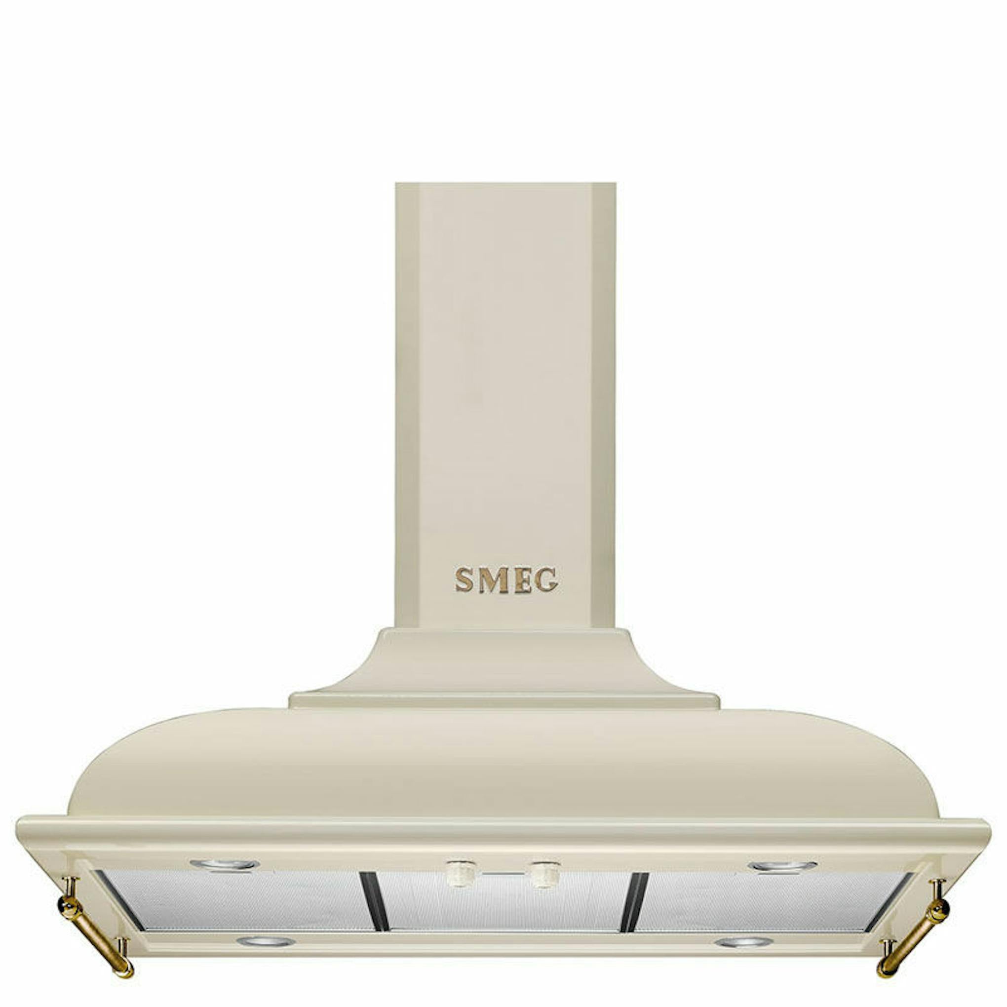 Campana de isla Smeg KCI19POE color crema, vista frontal, con logo SMEG visible.