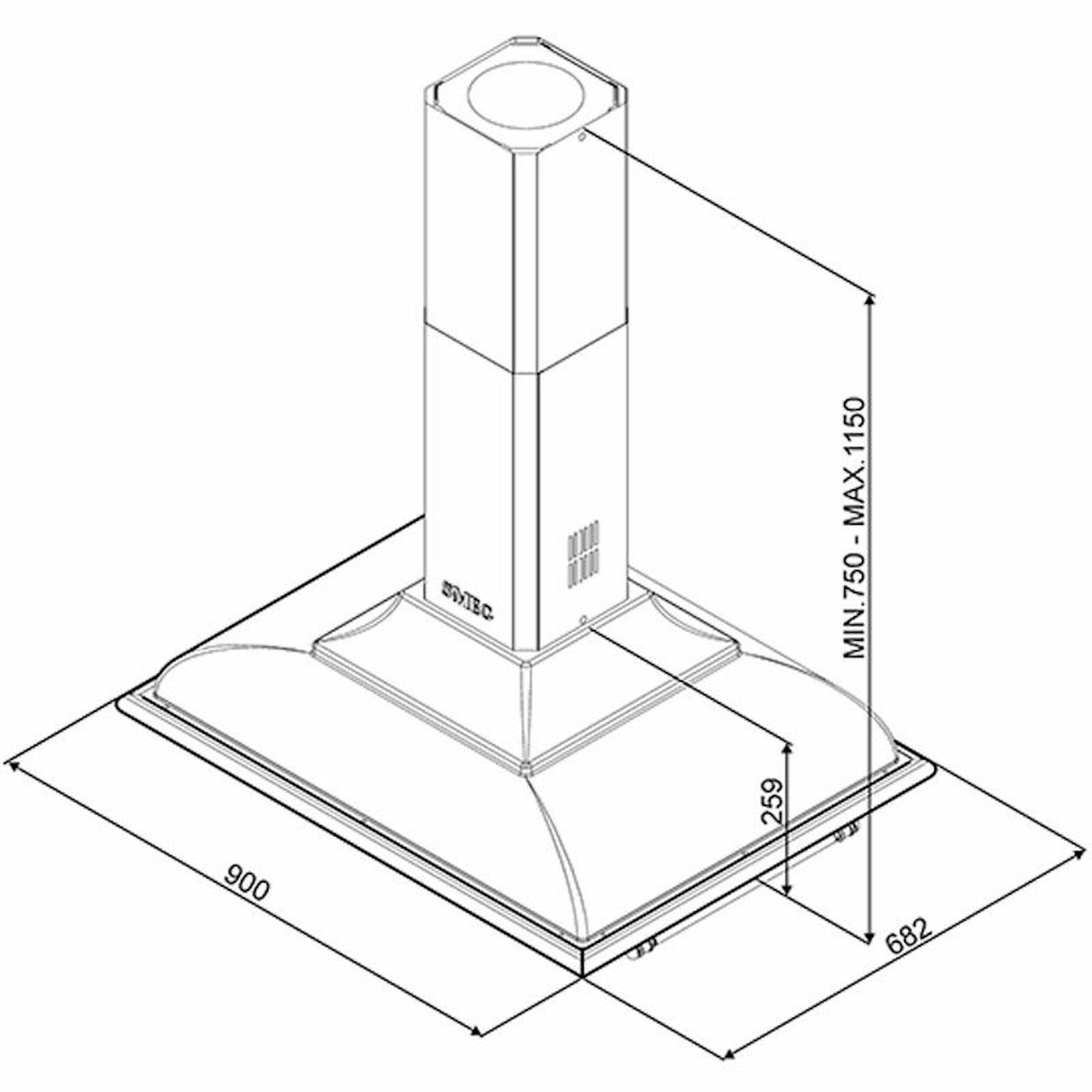 Campana de isla Smeg KCI19POE crema, vista técnica en perspectiva con medidas 900 x 682 y altura máx. 1150 mm.