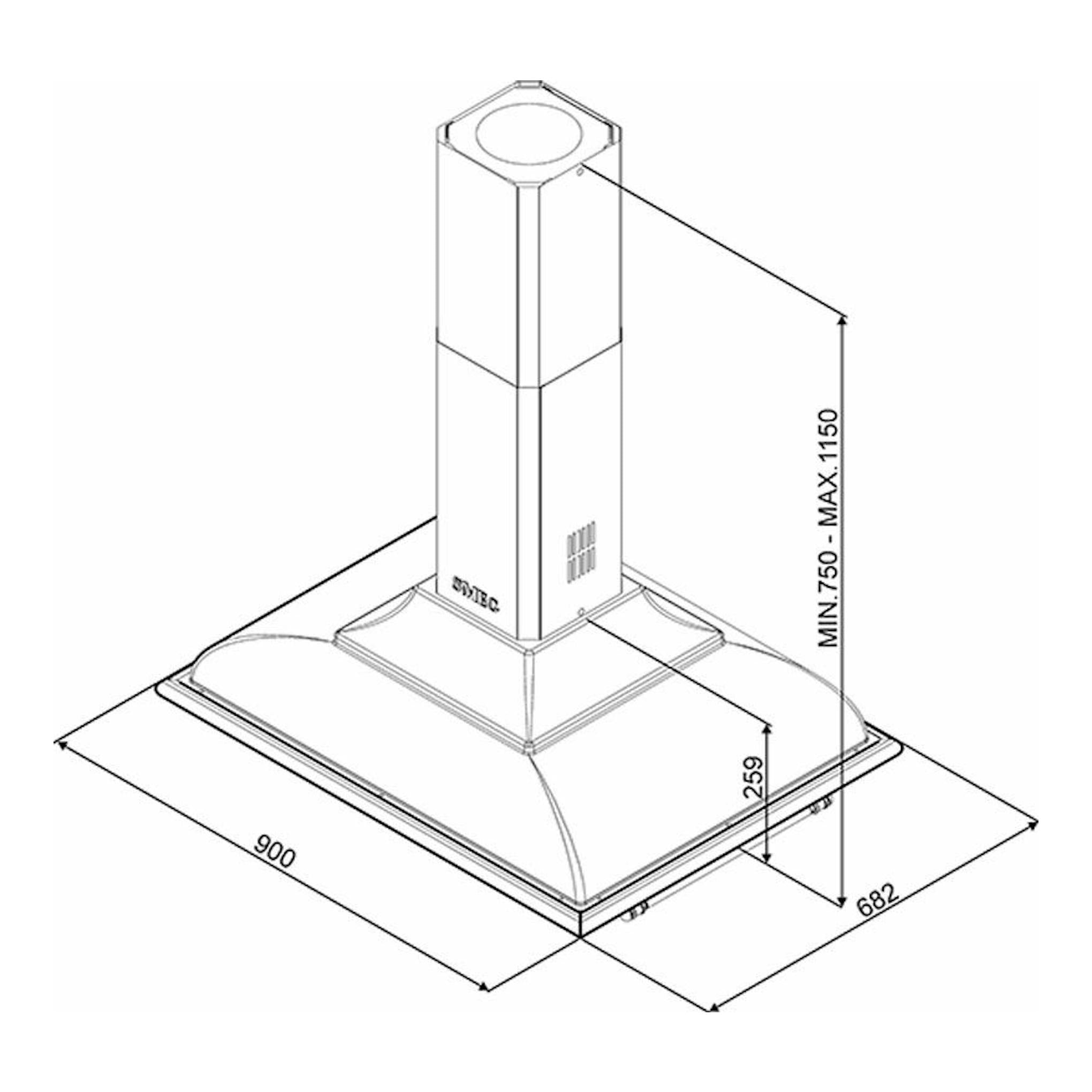 Campana de isla Smeg KCI19POE crema, vista técnica en perspectiva con medidas 900 x 682 y altura máx. 1150 mm.