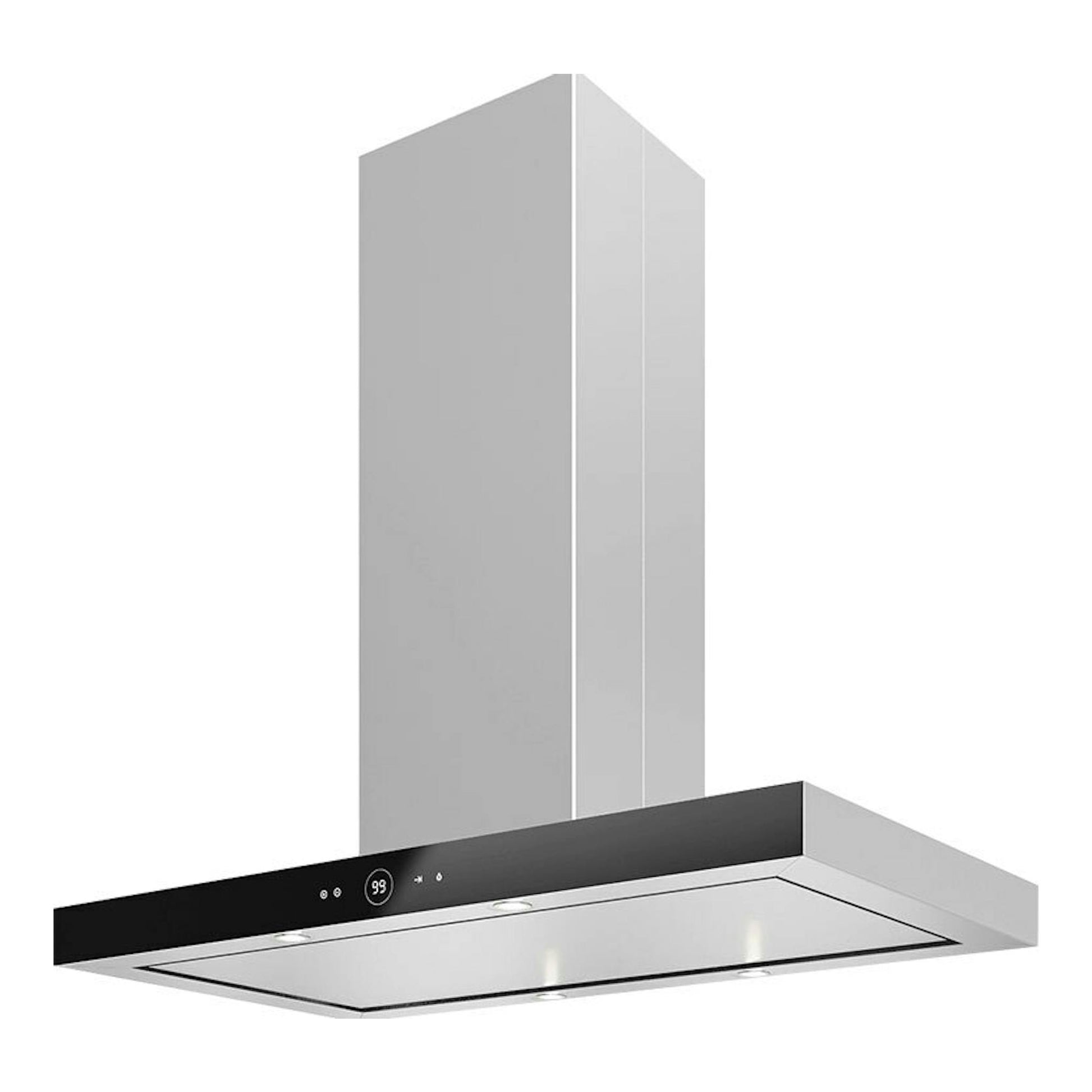 Campana de isla Teka DPL ISLA 1185 negra, vista en ángulo, con panel negro y cuerpo metálico.
