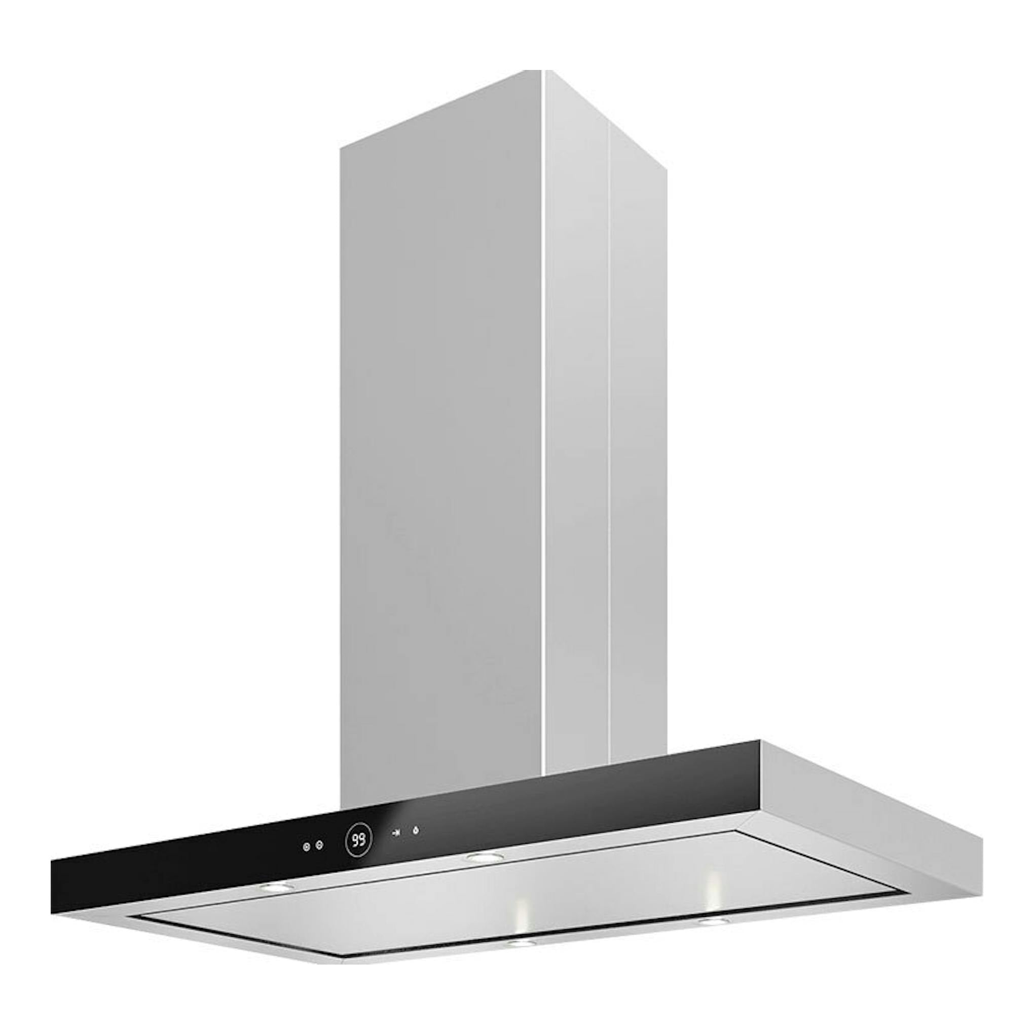 Campana de isla Teka DPL ISLA 1185 negra, vista en ángulo, con panel negro y cuerpo metálico.