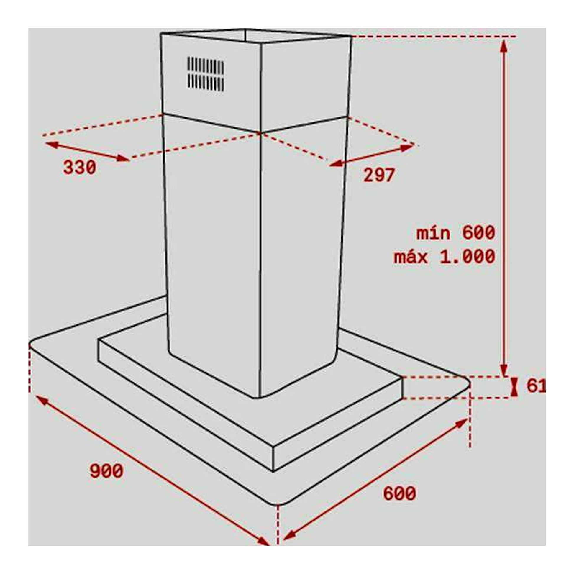 Campana de isla Teka ISLA DG3 985 Inox, vista isométrica con medidas y cotas en gris y rojo.