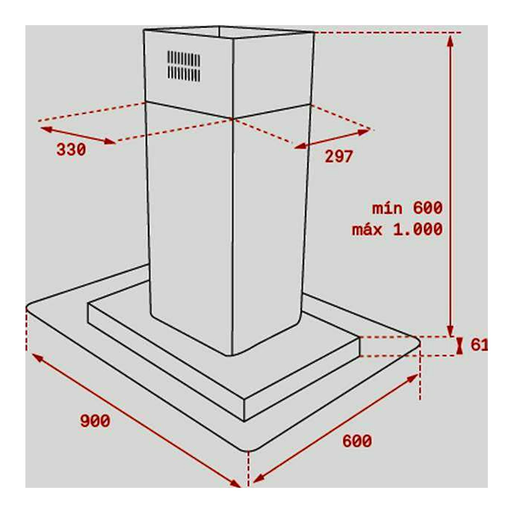 Campana de isla Teka ISLA DG3 985 Inox, vista isométrica con medidas y cotas en gris y rojo.