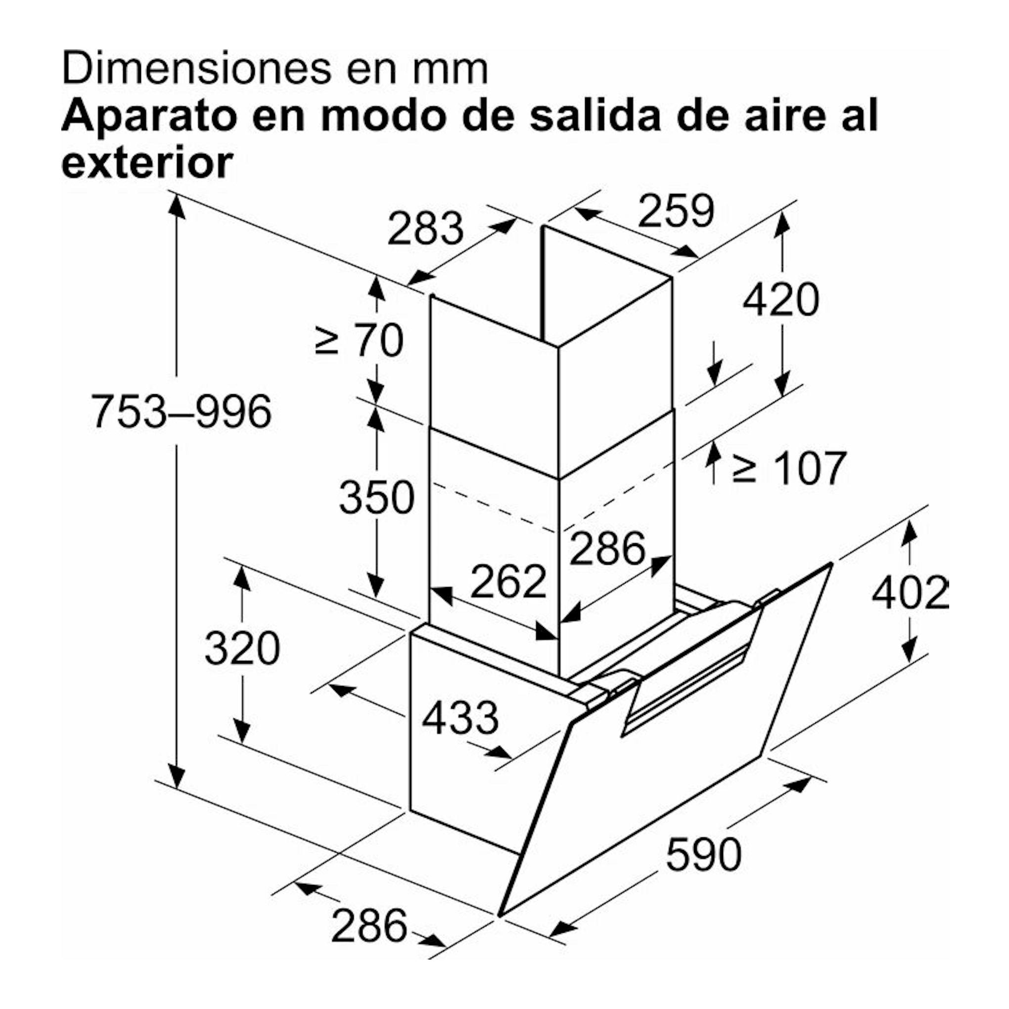 Dibujo técnico de dimensiones de campana de pared Balay 3BC567GBH, cristal blanco, vista isométrica.