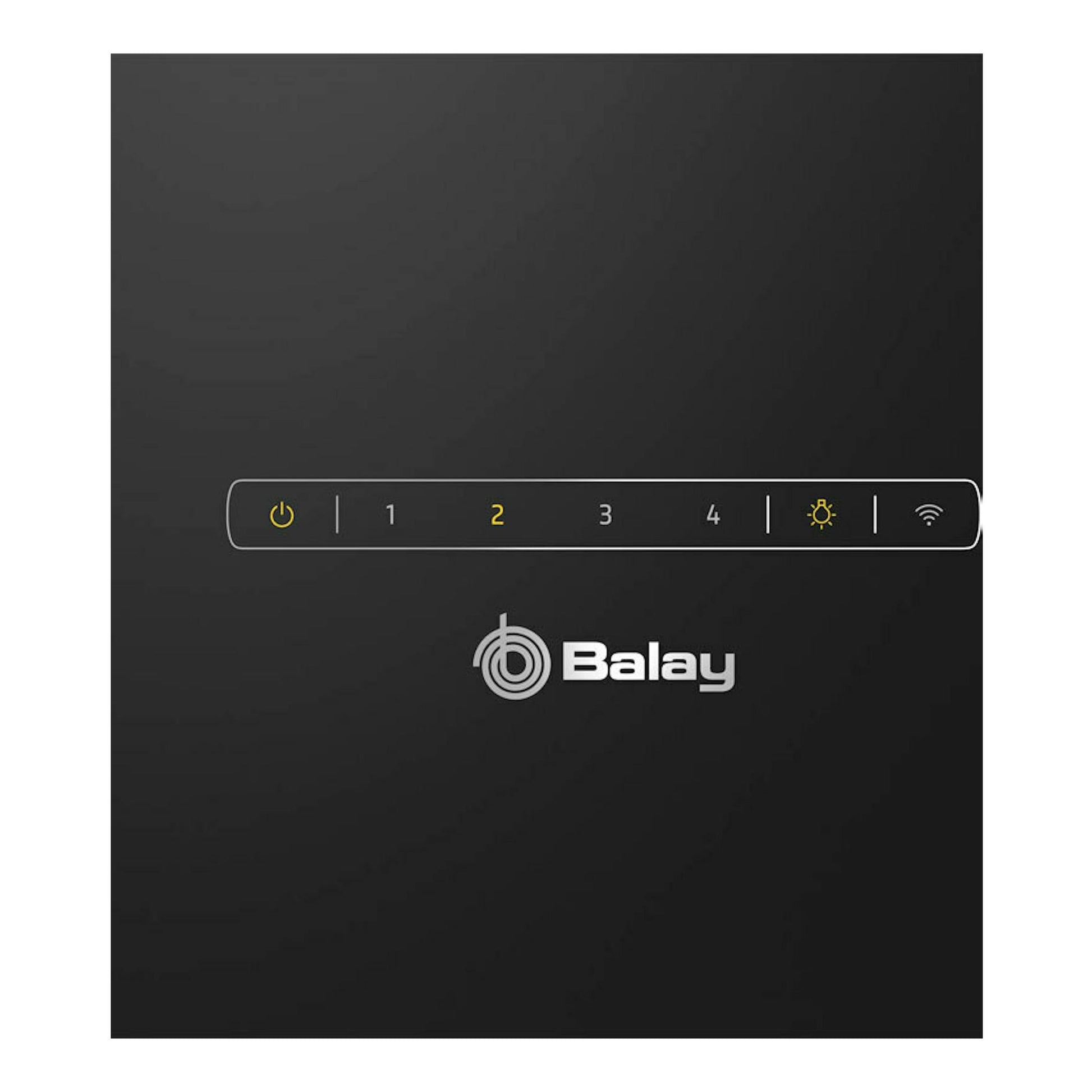 Campana de pared Balay 3BC567GNH de cristal negro, vista frontal con panel táctil.