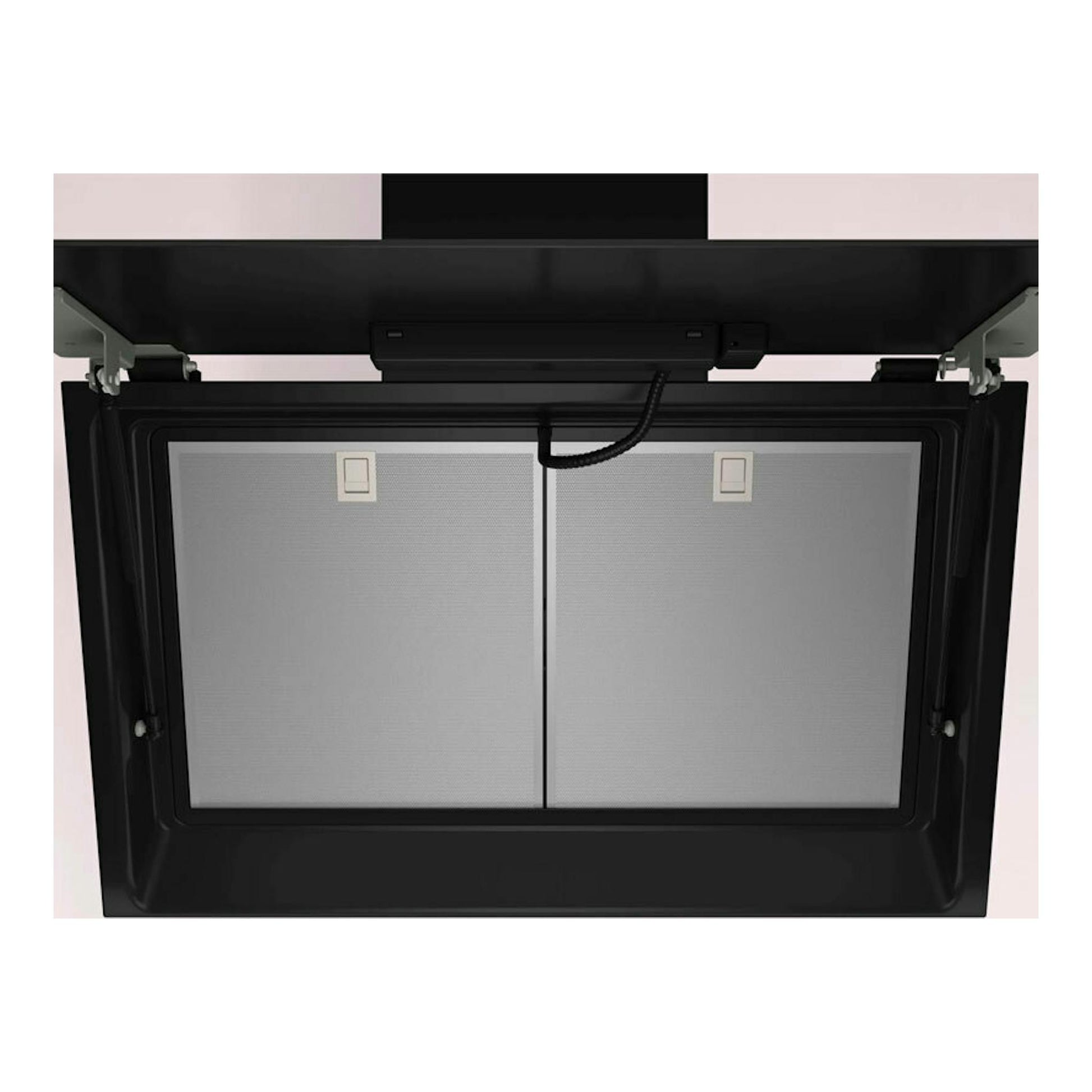 Campana de pared Balay 3BC587LN en cristal negro, vista inferior con dos filtros metálicos y mando central.