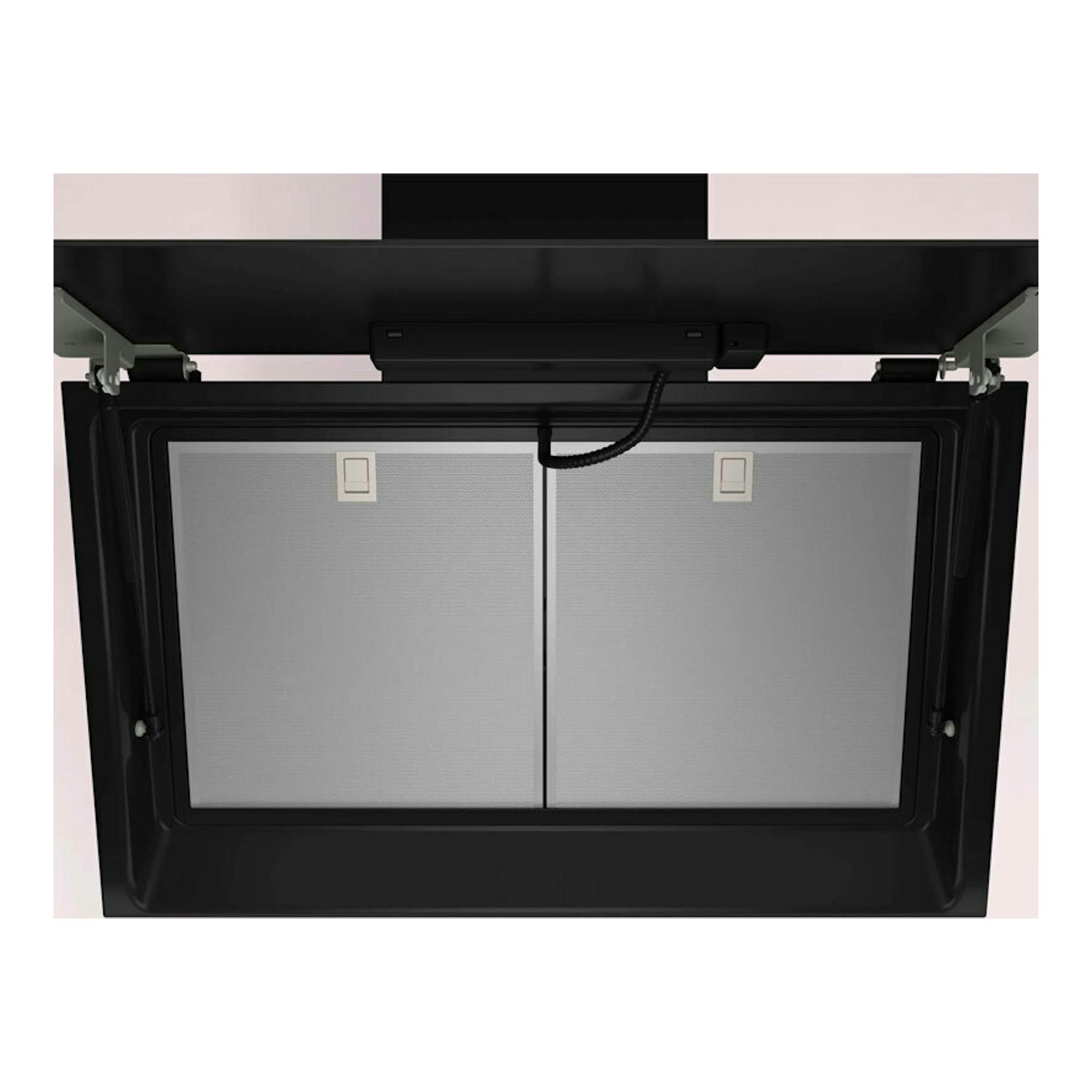 Campana de pared Balay 3BC587LN en cristal negro, vista inferior con dos filtros metálicos y mando central.