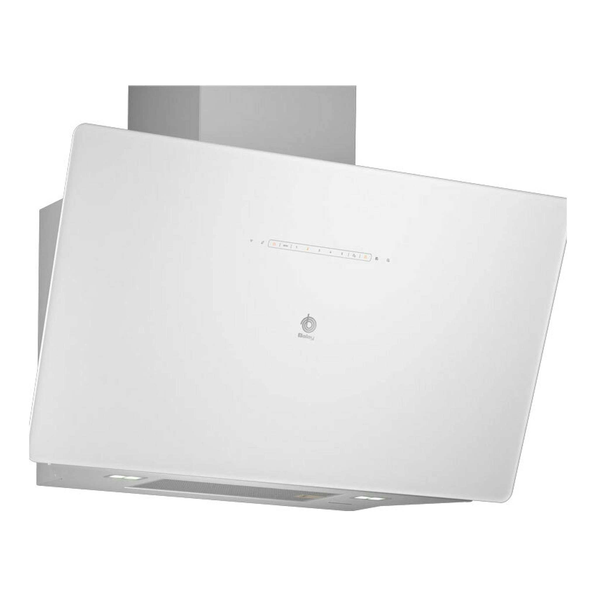 Campana de pared Balay 3BC599AB de cristal blanco, vista frontal inclinada.