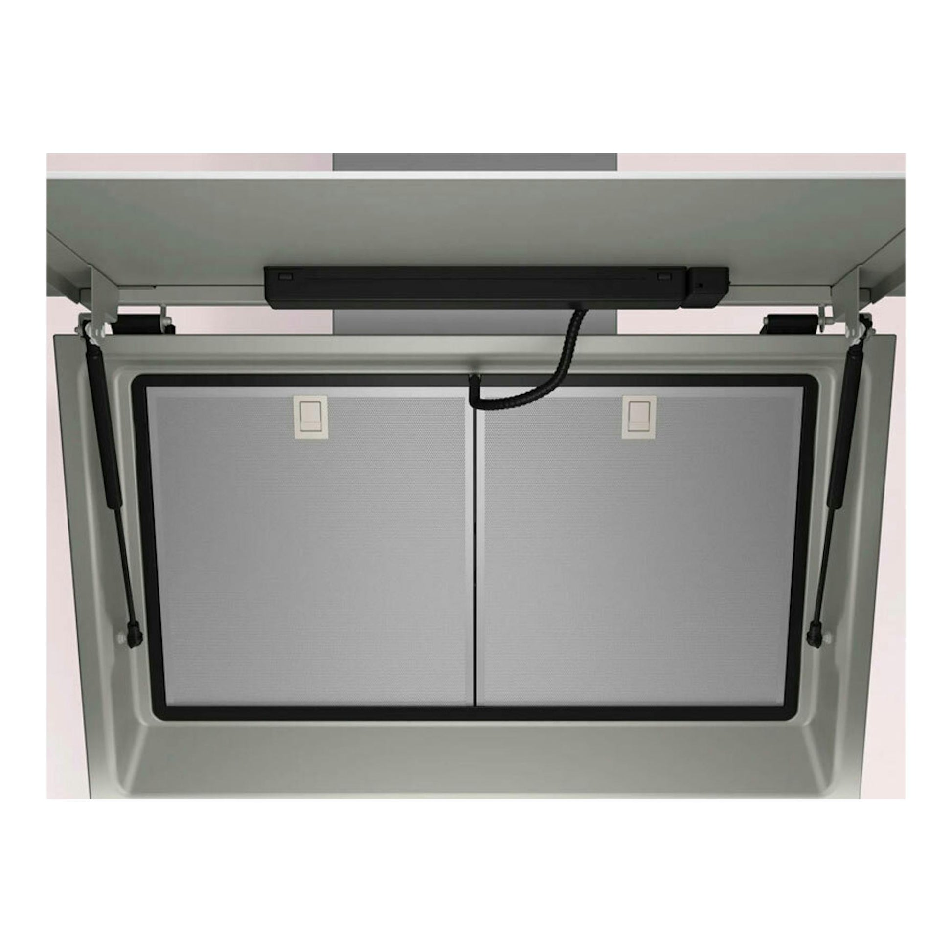 Campana extractora Balay 3BC599AB de pared, vista inferior, cristal blanco con filtros metálicos y borde negro.