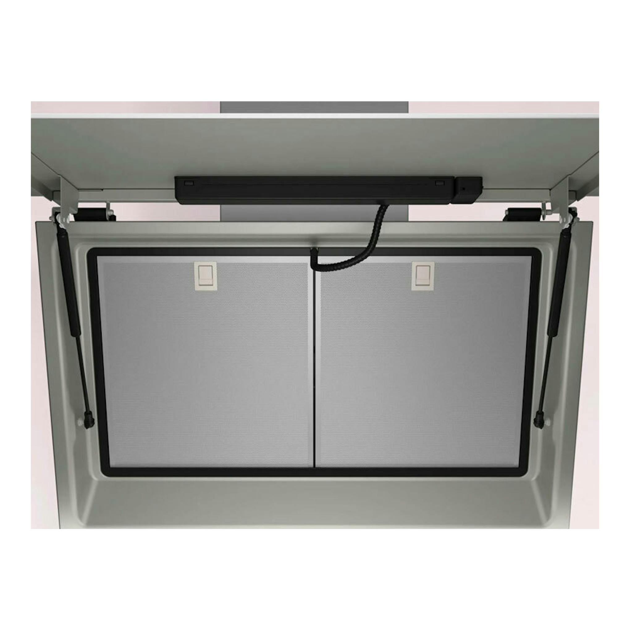 Campana extractora Balay 3BC599AB de pared, vista inferior, cristal blanco con filtros metálicos y borde negro.