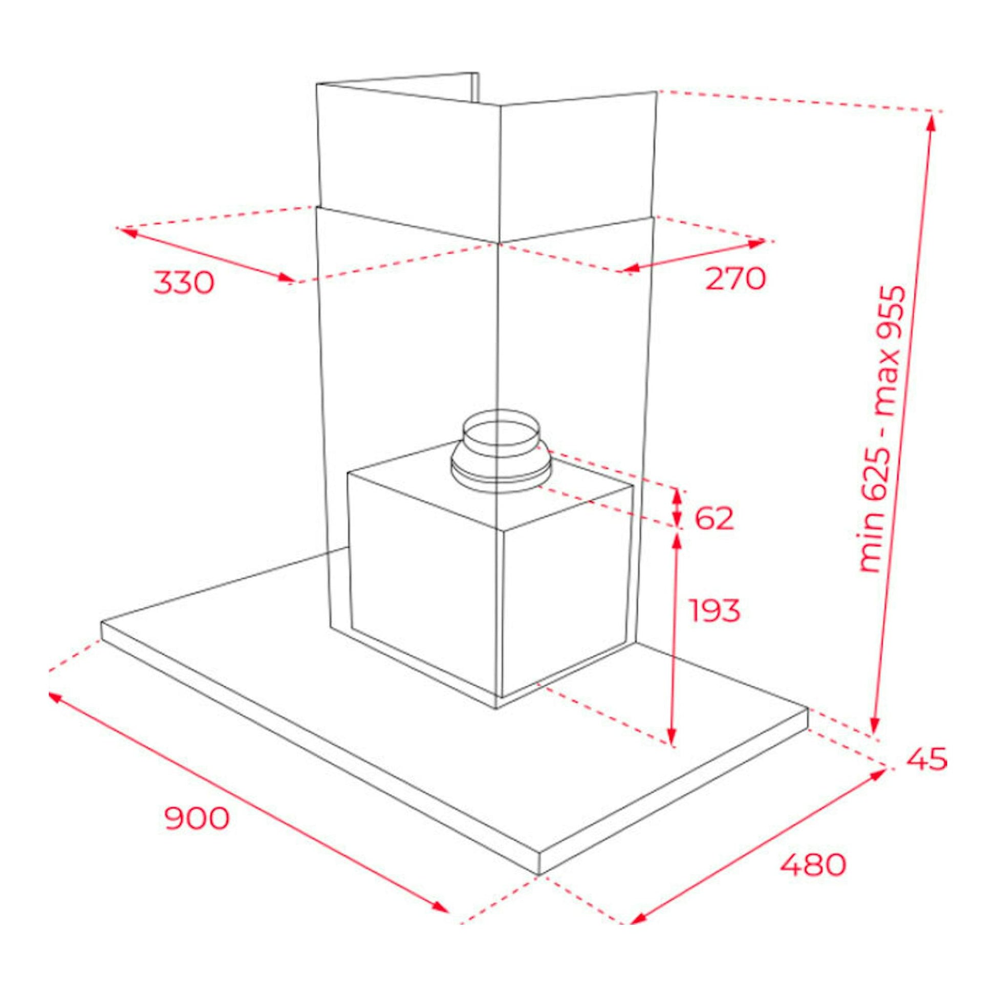 Campana de pared Teka DSH 986 negra, vista técnica con medidas y conducto vertical.