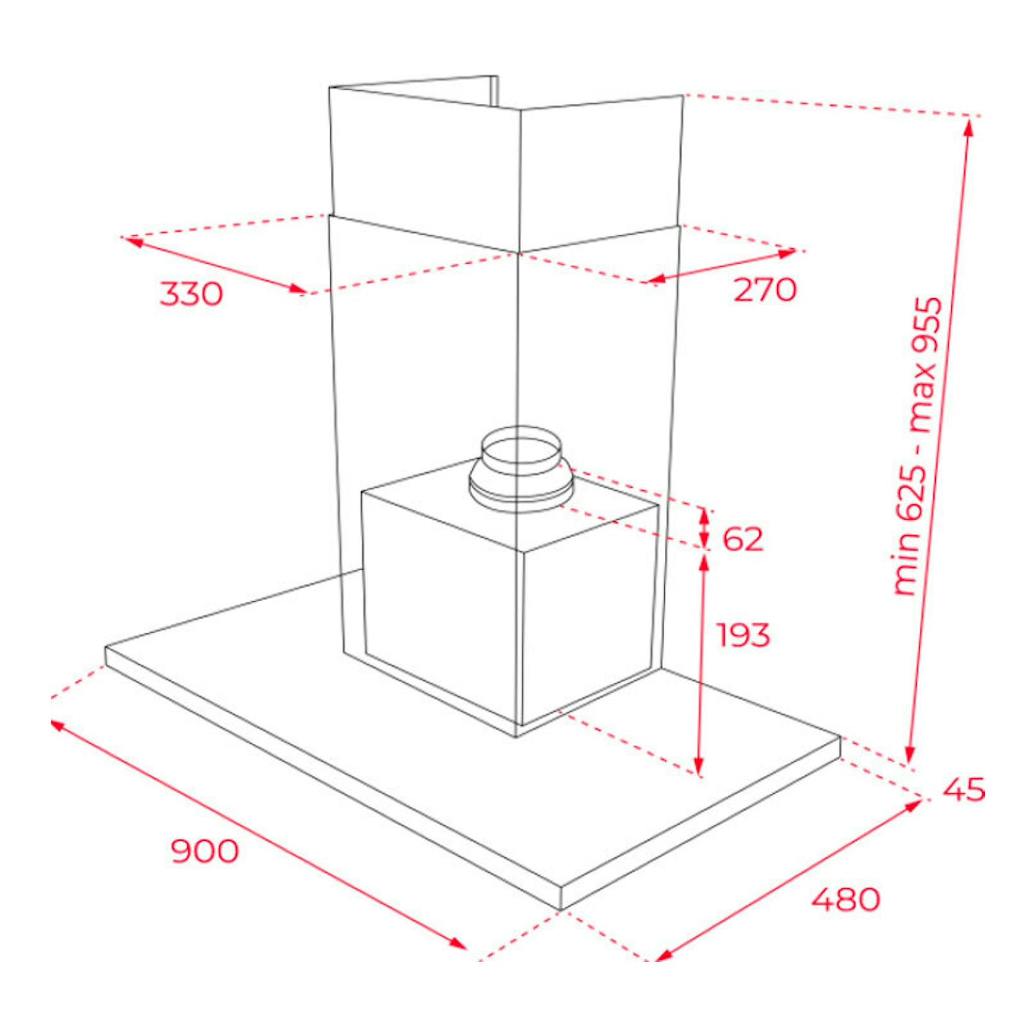 Campana de pared Teka DSH 986 negra, vista técnica con medidas y conducto vertical.