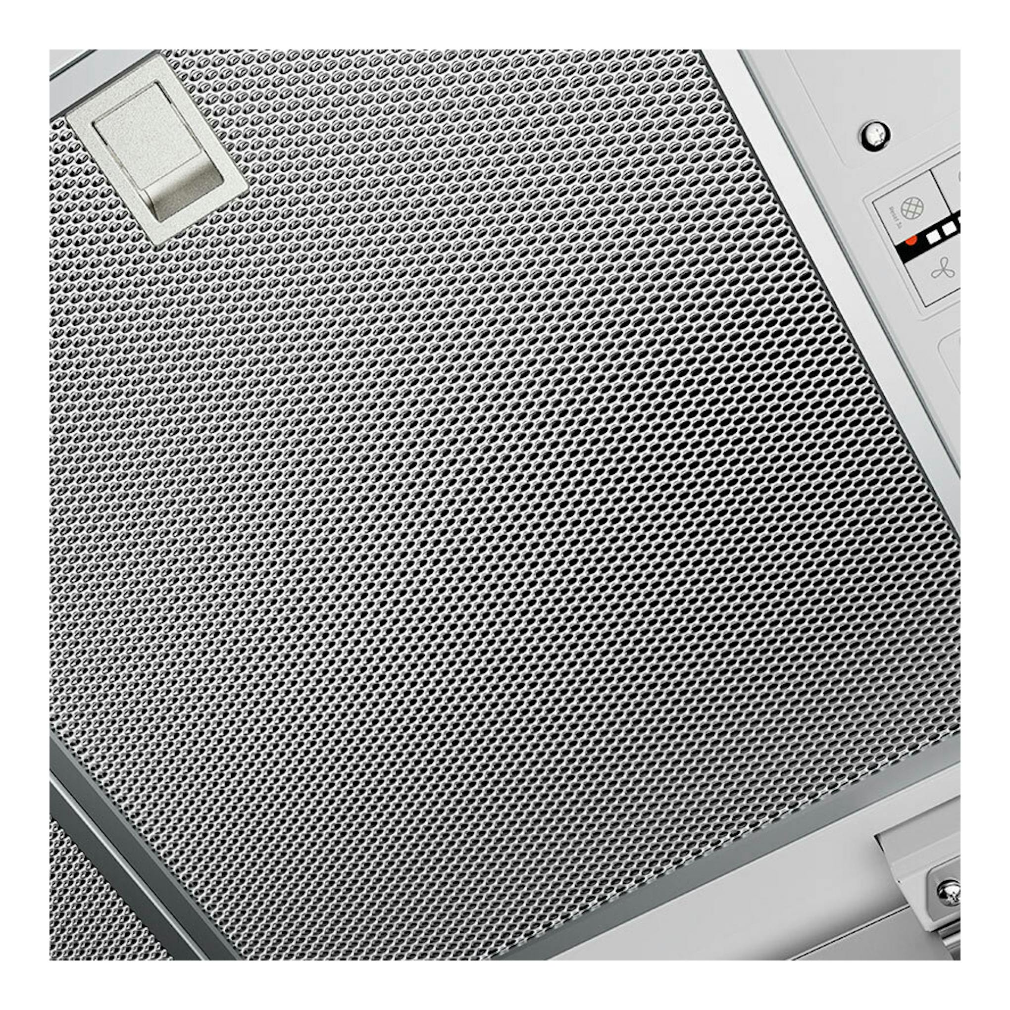 Campana de techo AEG NDC7792SW, vista en primer plano del filtro metálico y panel blanco.
