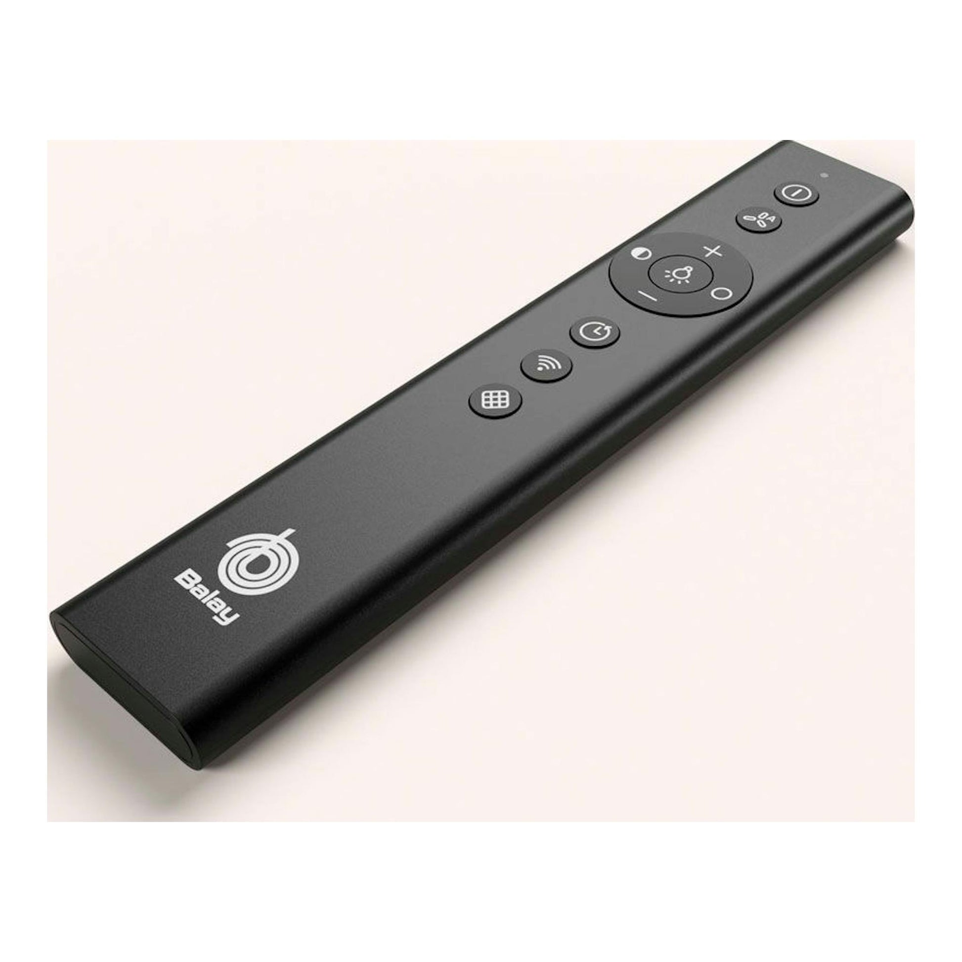 Mando a distancia Balay negro, vista en perspectiva, con botones de control circulares.