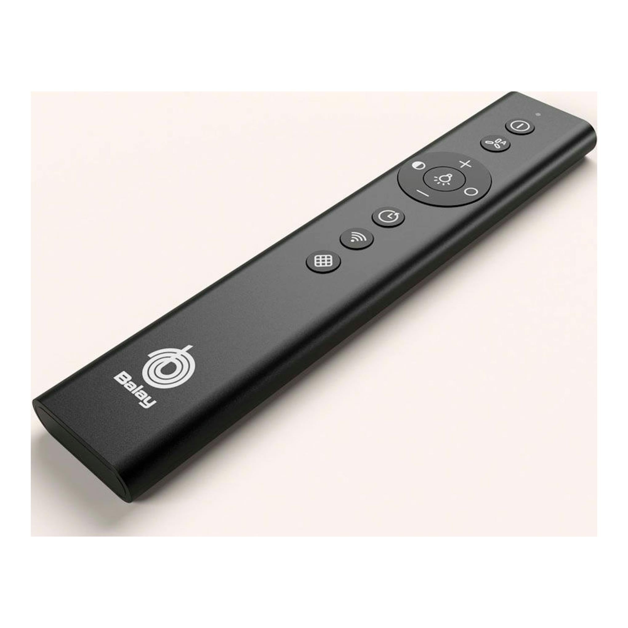 Mando a distancia Balay negro, vista en perspectiva, con botones de control circulares.