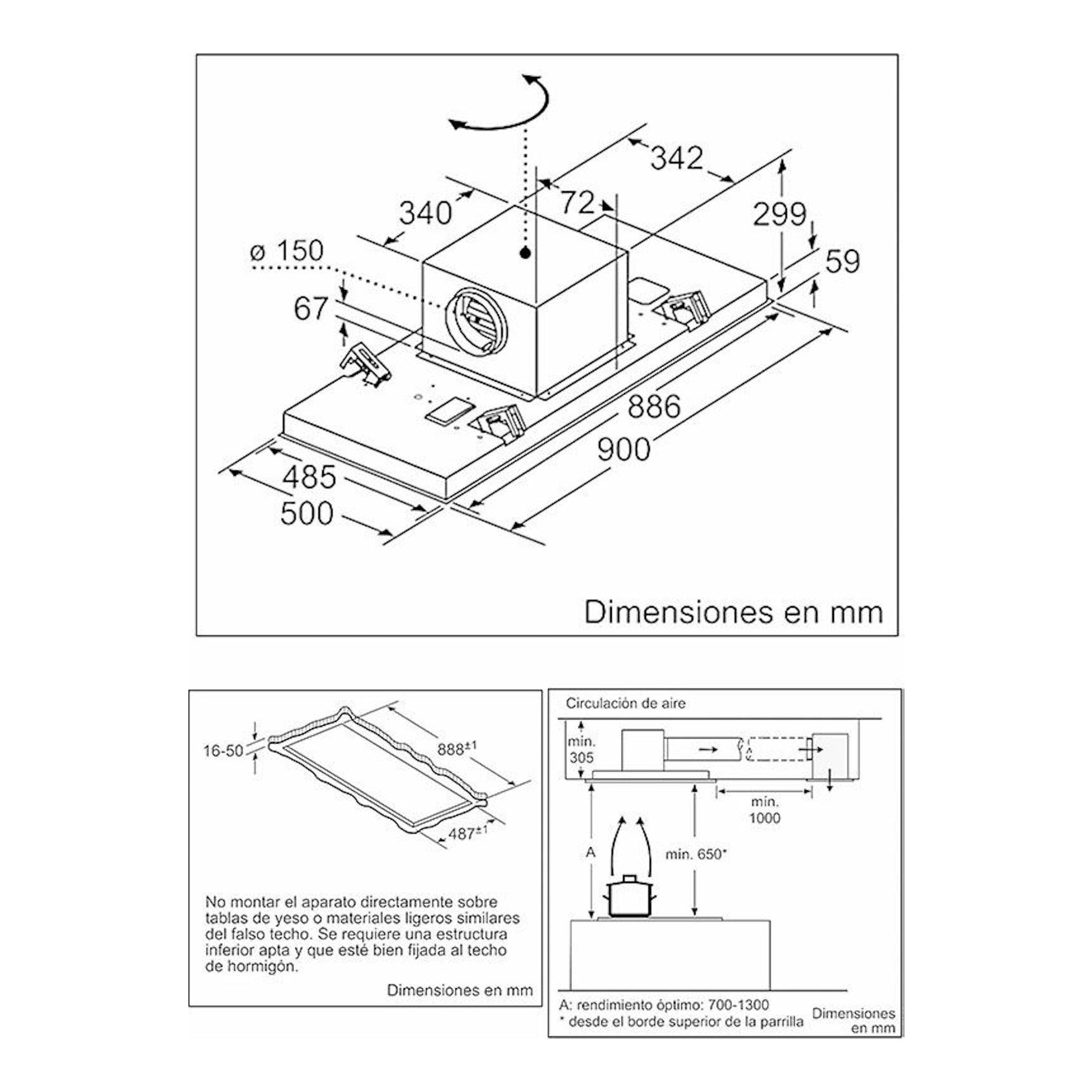Balay 3BE297RW: esquema técnico de campana de techo blanca con dimensiones y montaje.