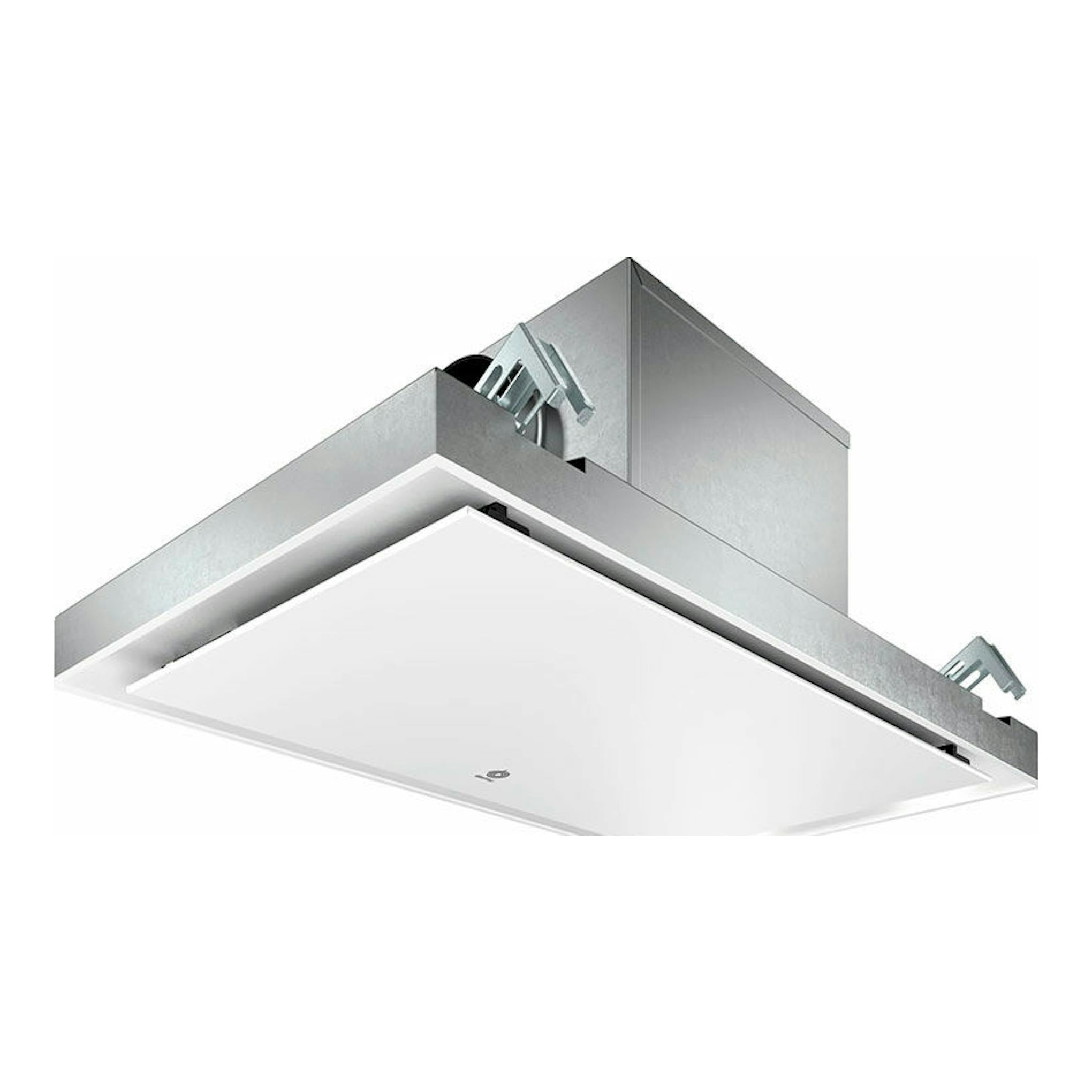 Campana de techo Balay 3BE297RW blanca, vista inferior en ángulo, panel rectangular blanco y cuerpo metálico gris.