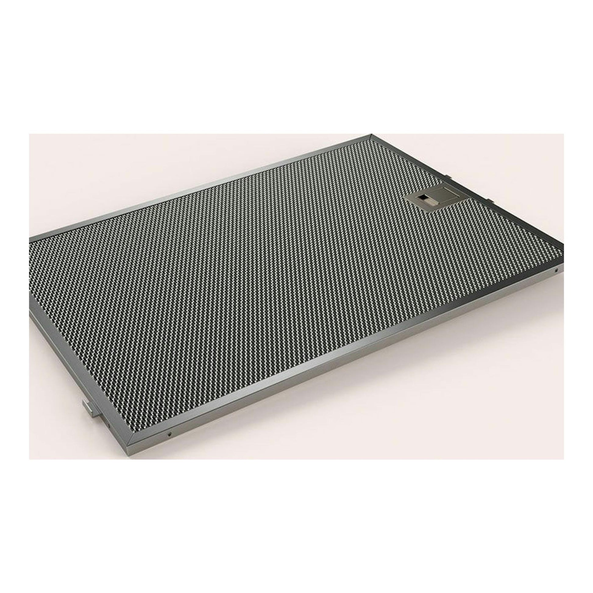 Campana de techo Balay 3BE297RW, vista en perspectiva, panel rectangular gris con rejilla negra.