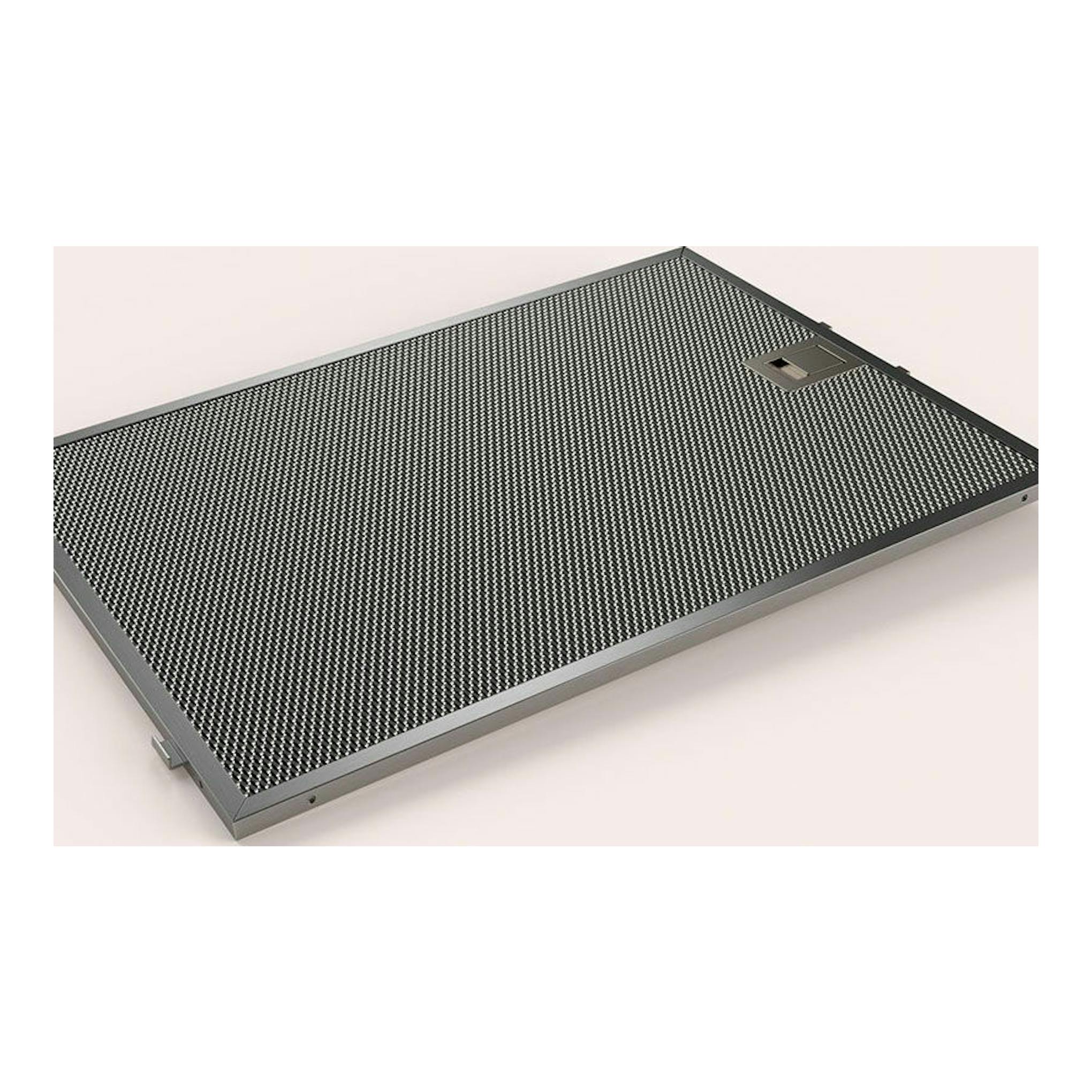 Campana de techo Balay 3BE297RW, vista en perspectiva, panel rectangular gris con rejilla negra.
