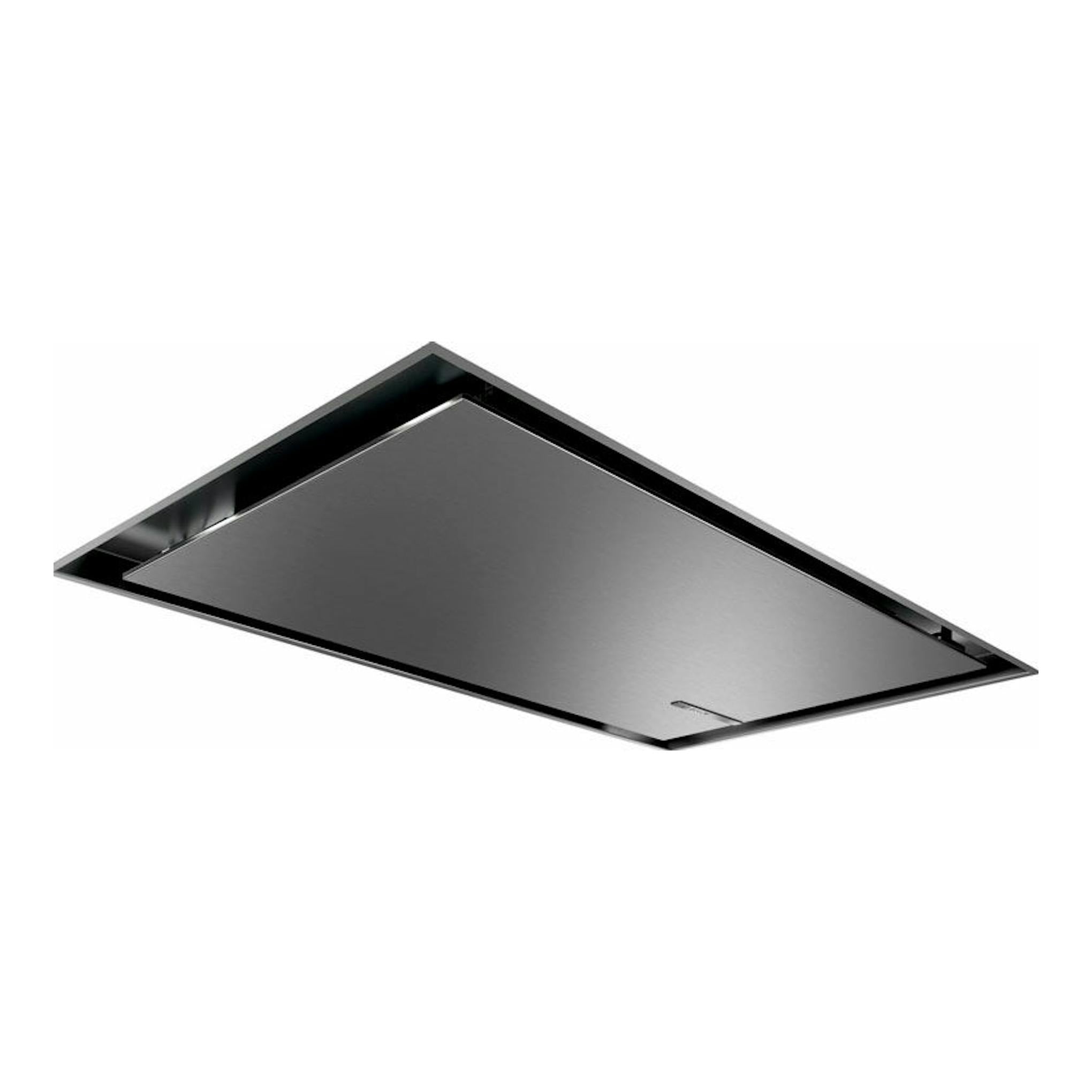 Campana de techo Bosch DRC97AQ50 en inox, vista inferior en ángulo, con panel rectangular gris.