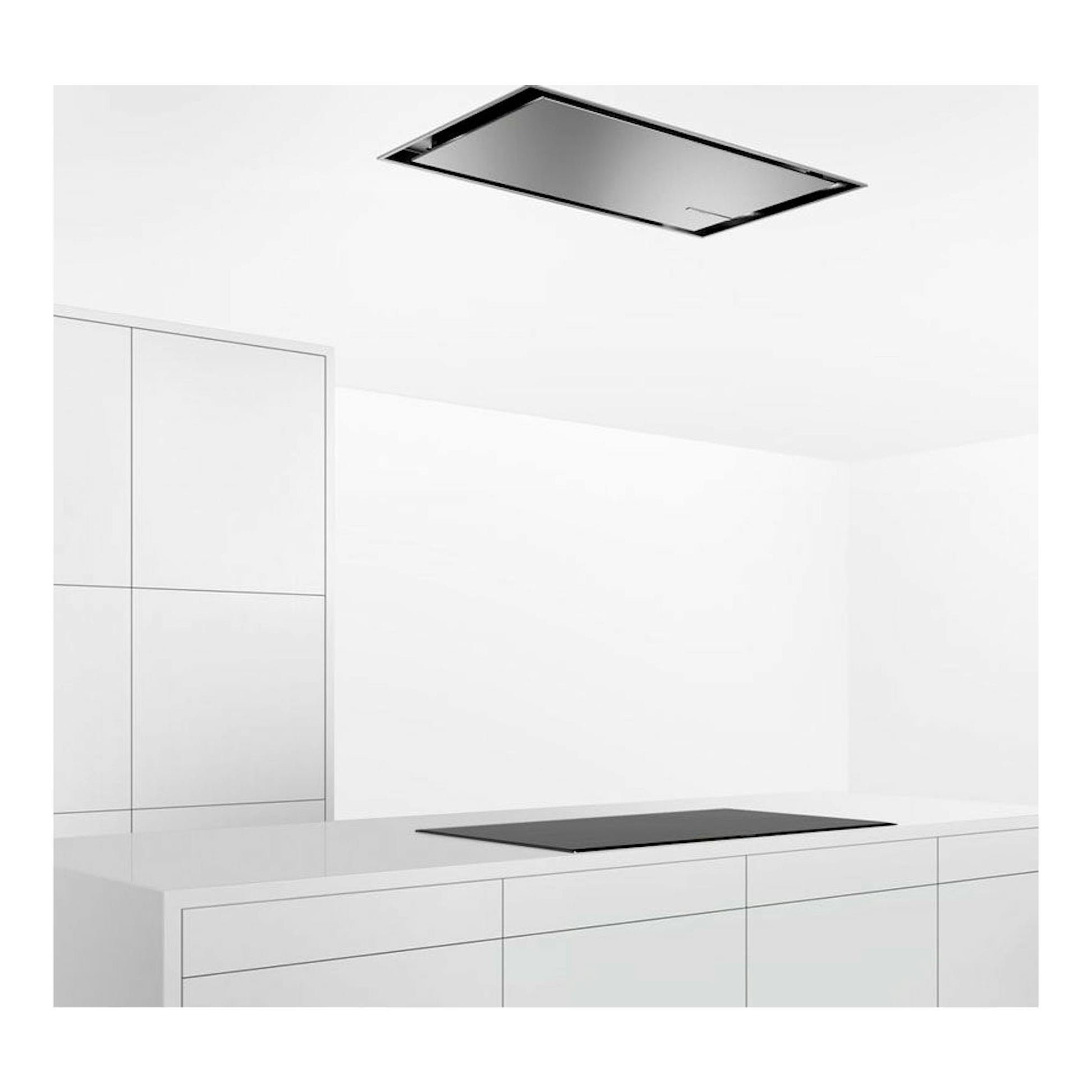 Campana de techo Bosch DRC97AQ50 inox, vista en perspectiva, integrada en un techo blanco.