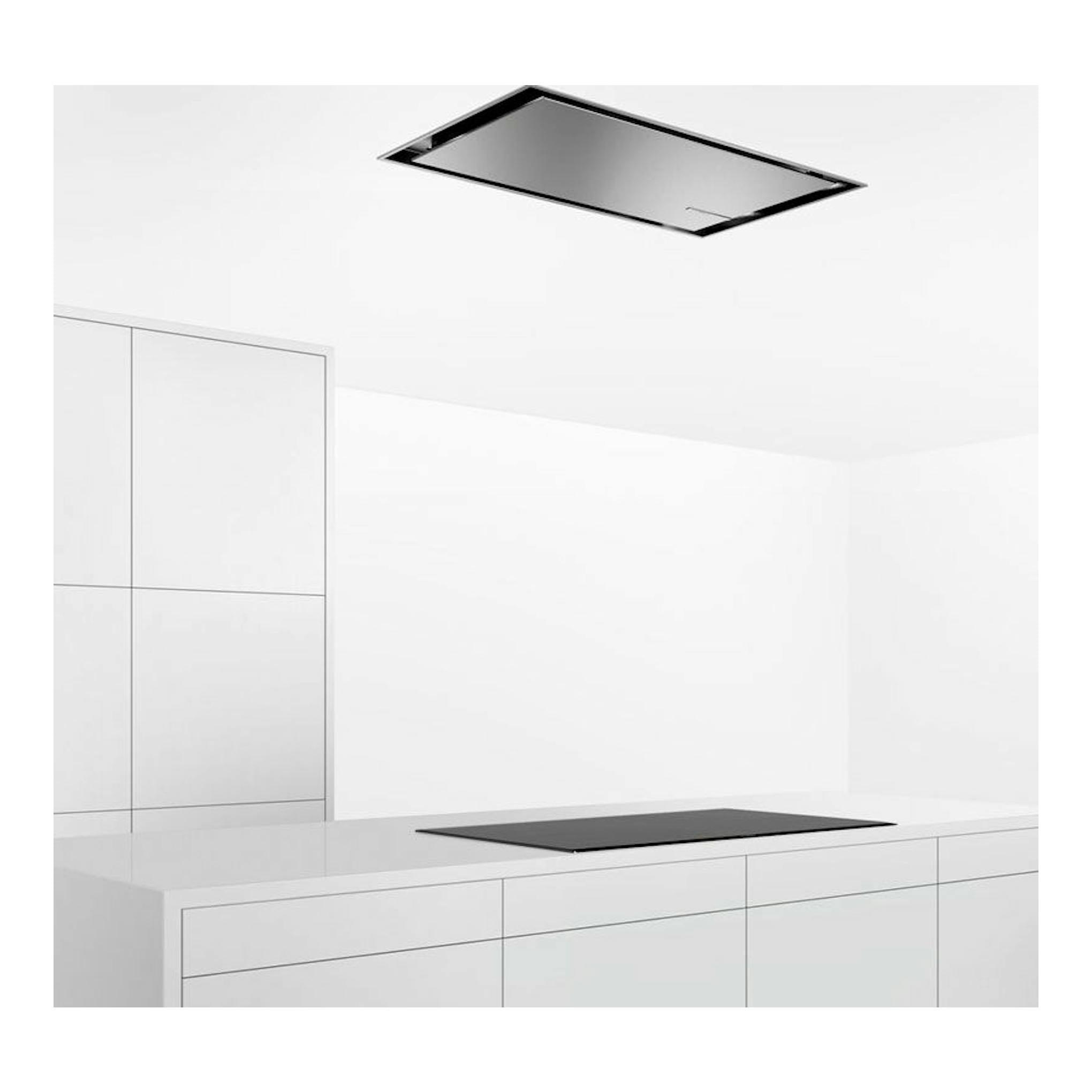 Campana de techo Bosch DRC97AQ50 inox, vista en perspectiva, integrada en un techo blanco.