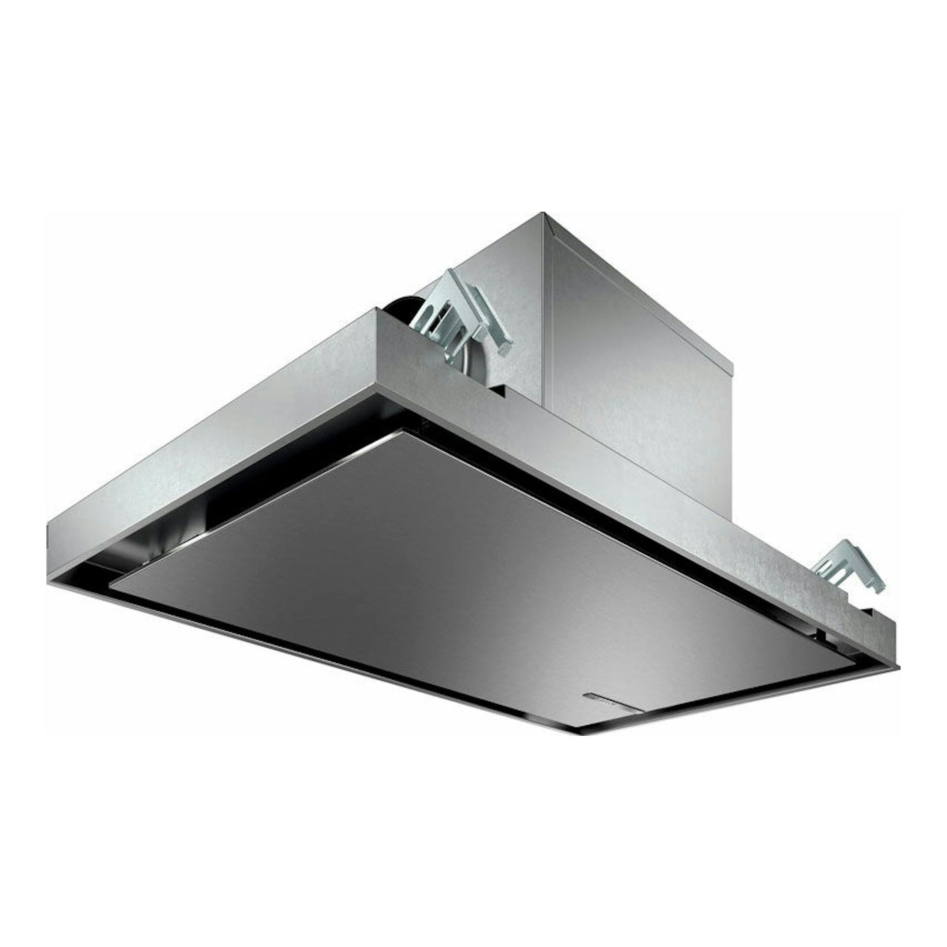 Campana de techo Bosch DRC97AQ50 en inox, vista inferior y lateral, forma rectangular.