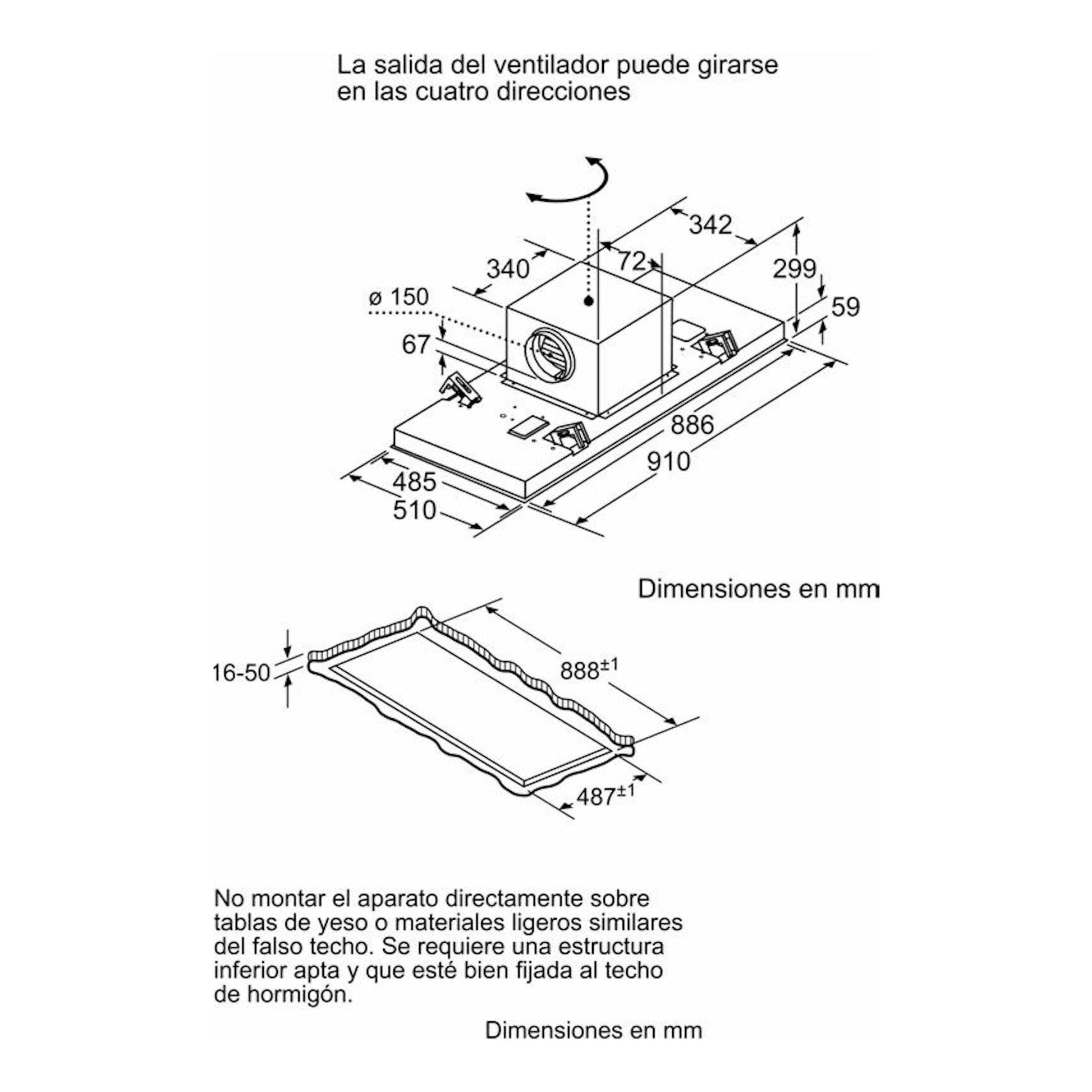 Diagrama técnico isométrico de campana de techo Bosch DRC99PS20 blanca, con medidas en mm