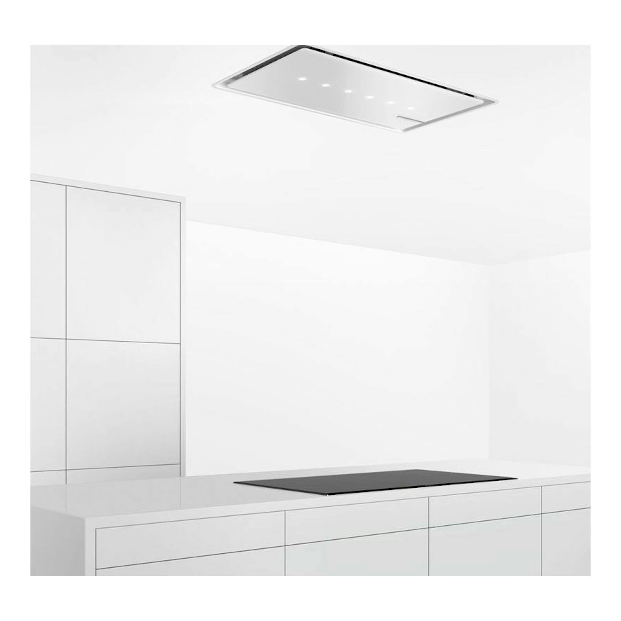 Campana de techo Bosch DRC99PS20 blanca, vista cenital en una cocina blanca.