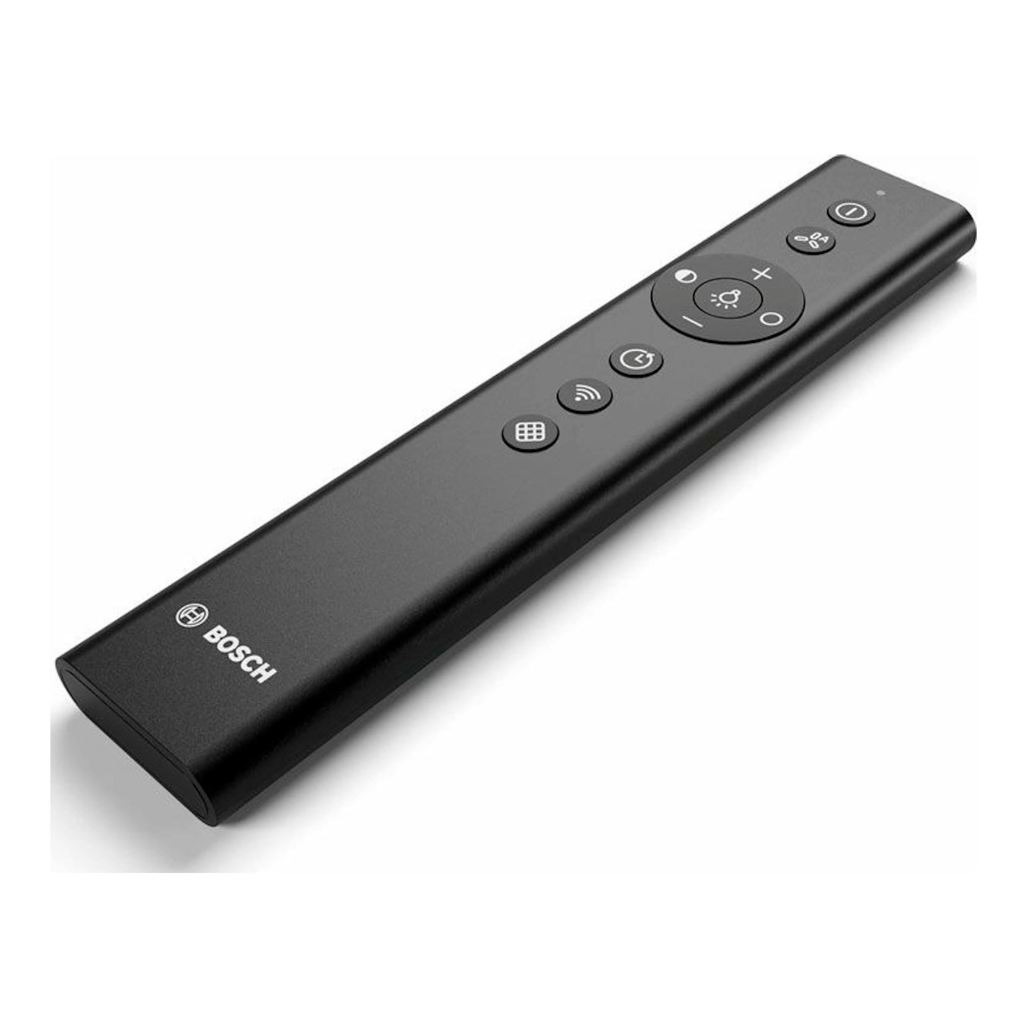 Mando a distancia Bosch negro, visto en ángulo, con varios botones circulares e iconos.