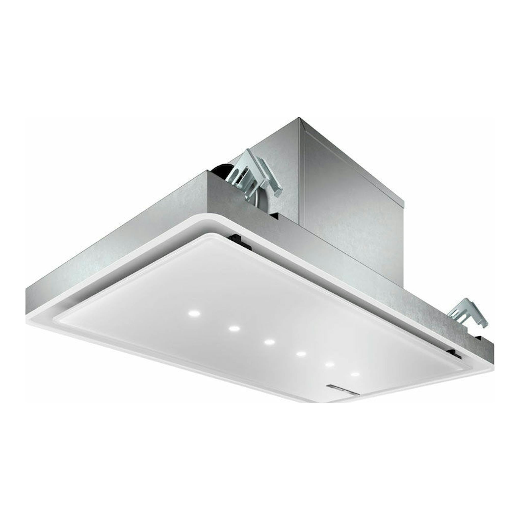 Campana de techo Bosch DRC99PS20 blanca, vista inferior en ángulo, con panel rectangular y LED.