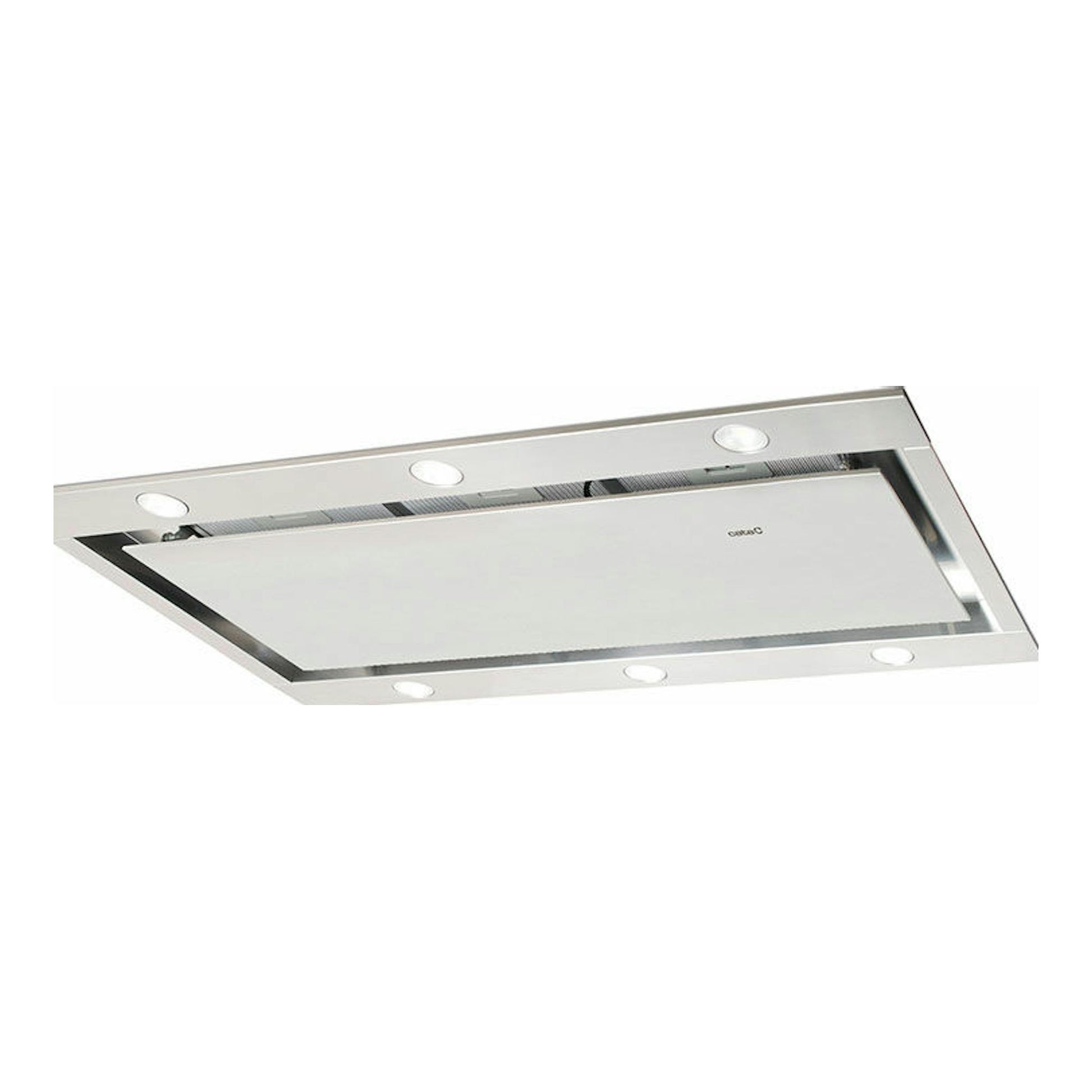 Campana de techo Cata Isla Fenix 1000X inox, vista inferior en ángulo, rectangular y plateada con focos empotrados.