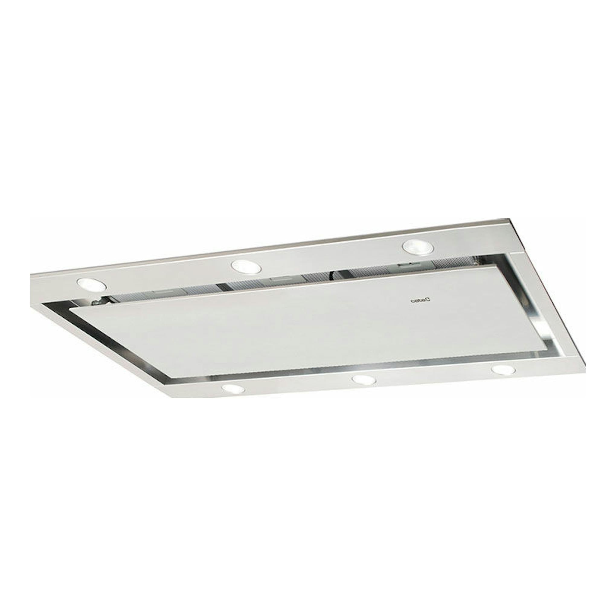 Campana de techo Cata Isla Fenix 1000X inox, vista inferior en ángulo, rectangular y plateada con focos empotrados.
