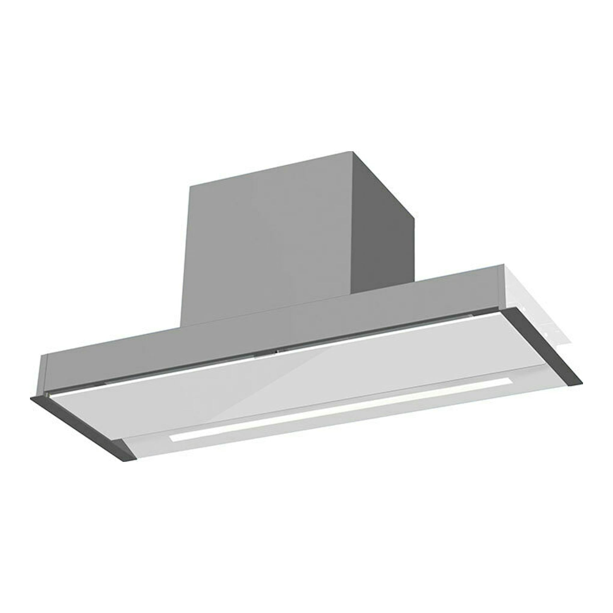 Campana de techo Cata Renova Pure Air MNV90GWH blanca, vista inferior en perspectiva, con panel rectangular.